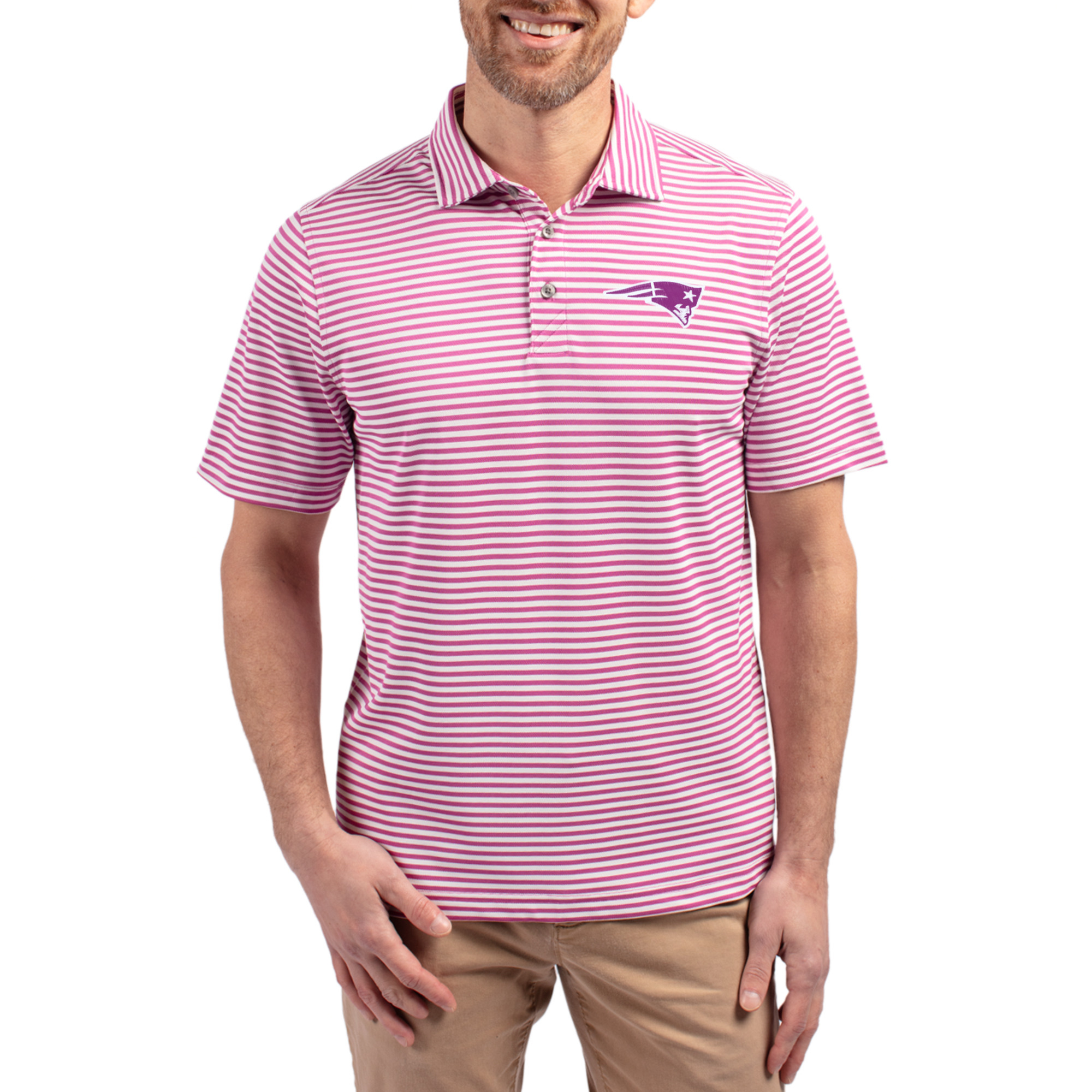 Men's Cutter & Buck Pink New England Patriots Virtue Eco Pique Stripe Recycled Polo