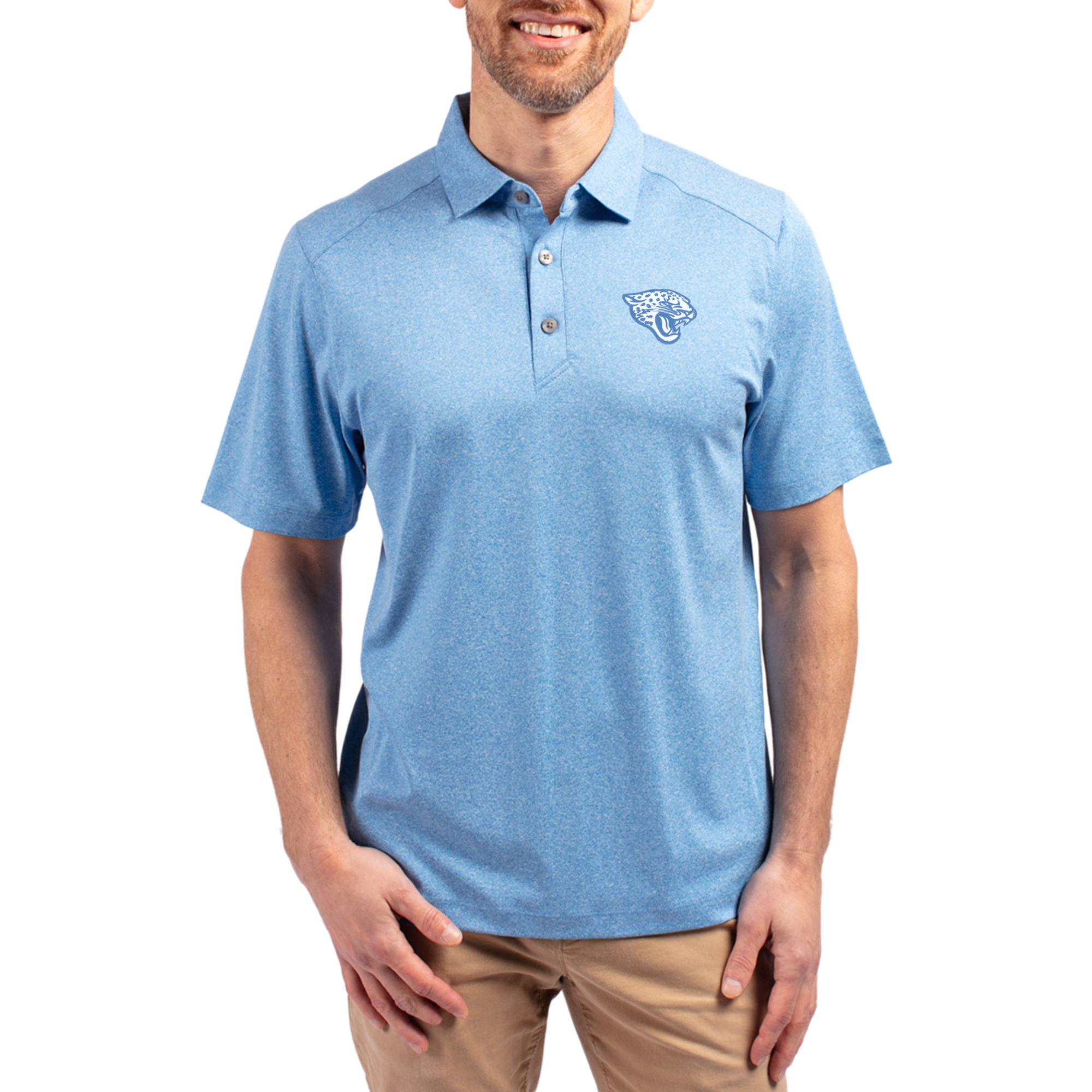 Men's Cutter & Buck Heather Powder Blue Jacksonville Jaguars Forge Eco Stretch Recycled Polo