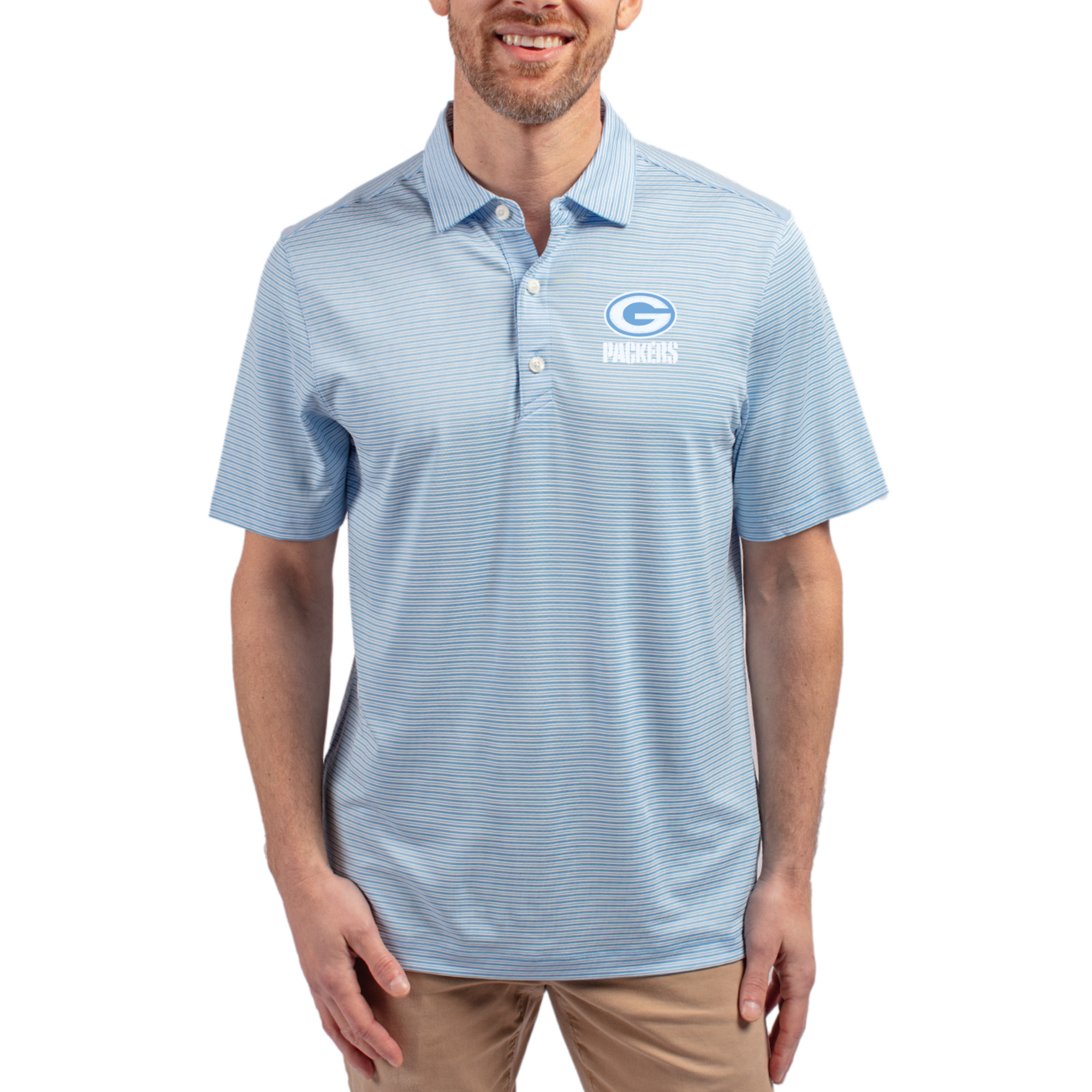 Men's Cutter & Buck Powder Blue Green Bay Packers Forge Eco Double Stripe Stretch Recycled Polo