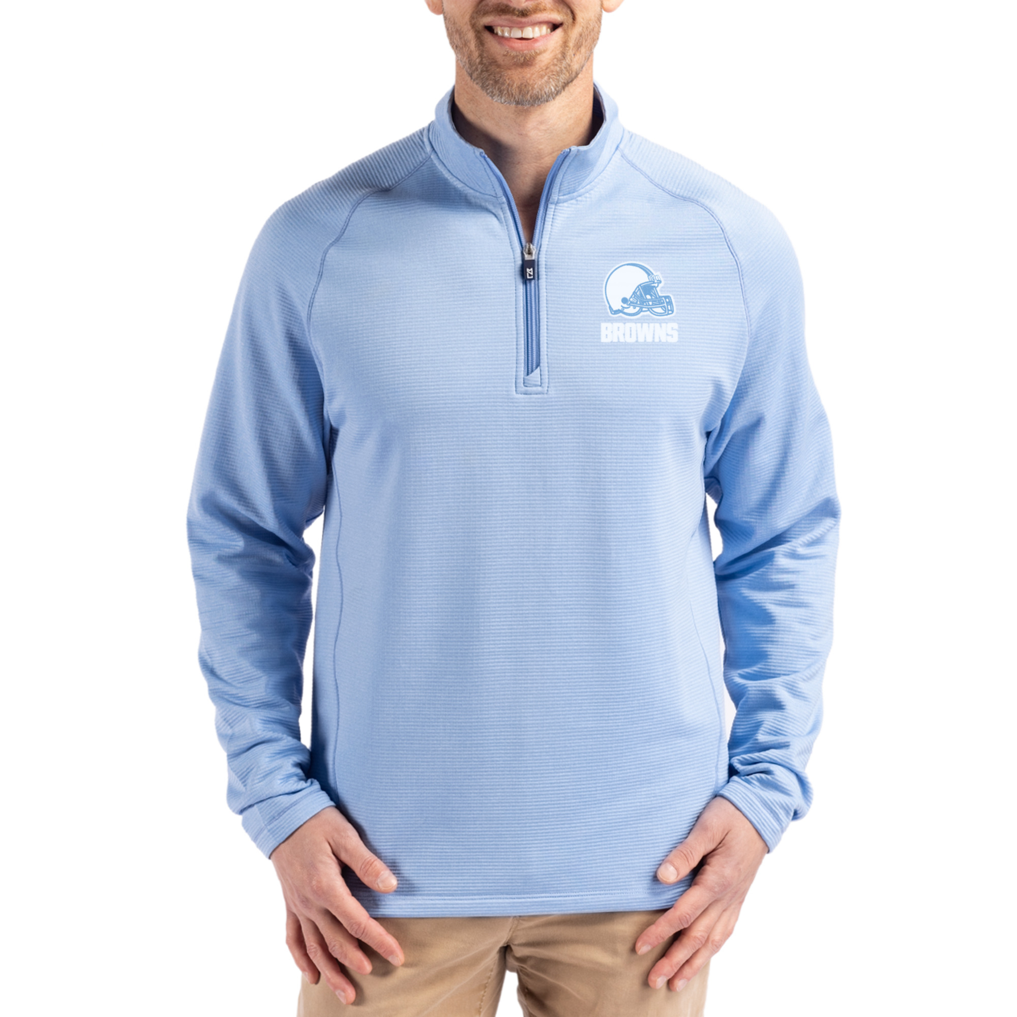 Men’s Cutter & Buck Powder Blue Cleveland Browns Peshastin Eco Fleece Recycled Raglan Quarter-Zip Top Men’s Cutter & Buck Powder Blue Cleveland Browns Peshastin Eco Fleece Recycled Raglan Quarter-Zip Top