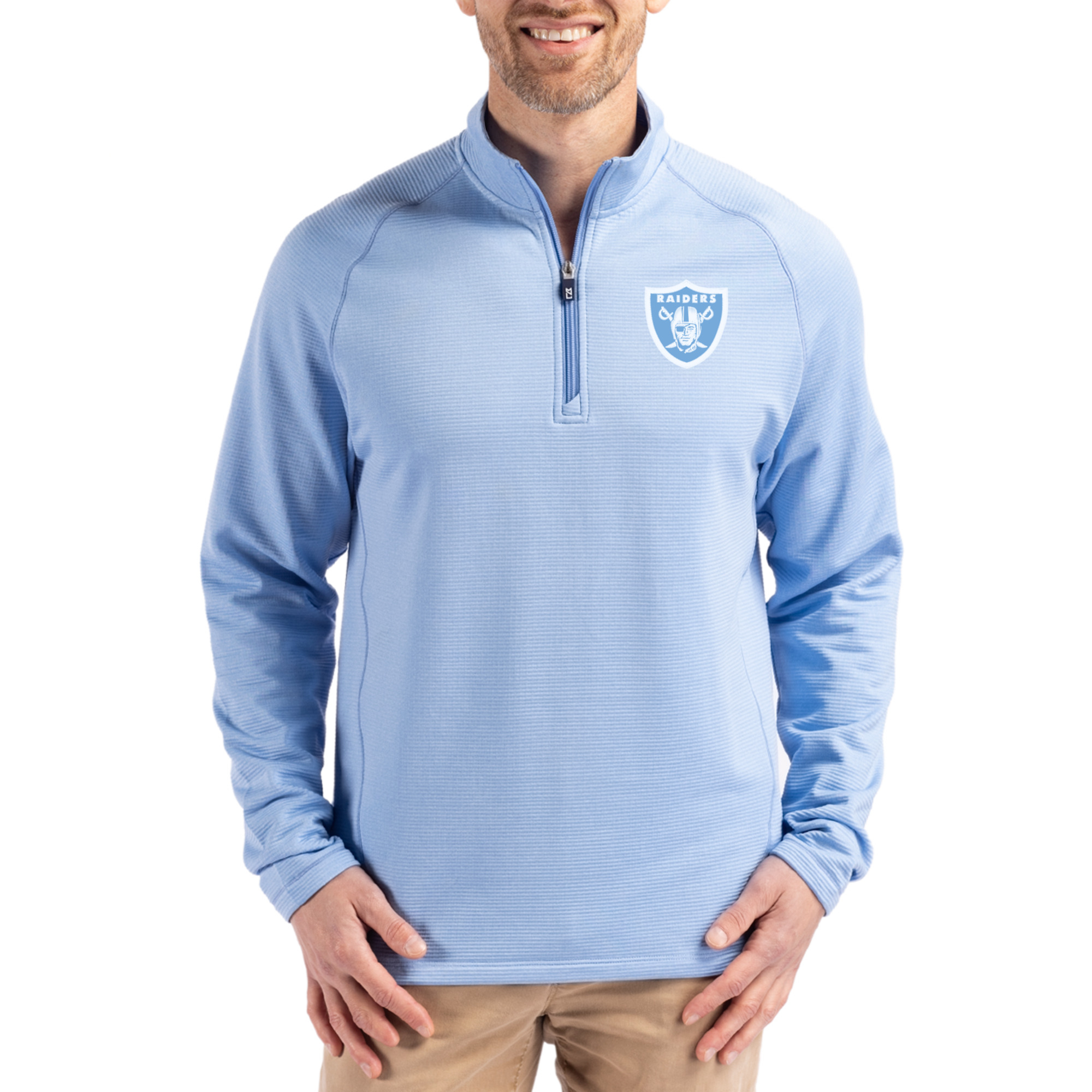 Men's Cutter & Buck Powder Blue Las Vegas Raiders Peshastin Eco Fleece Recycled Raglan Quarter-Zip Top