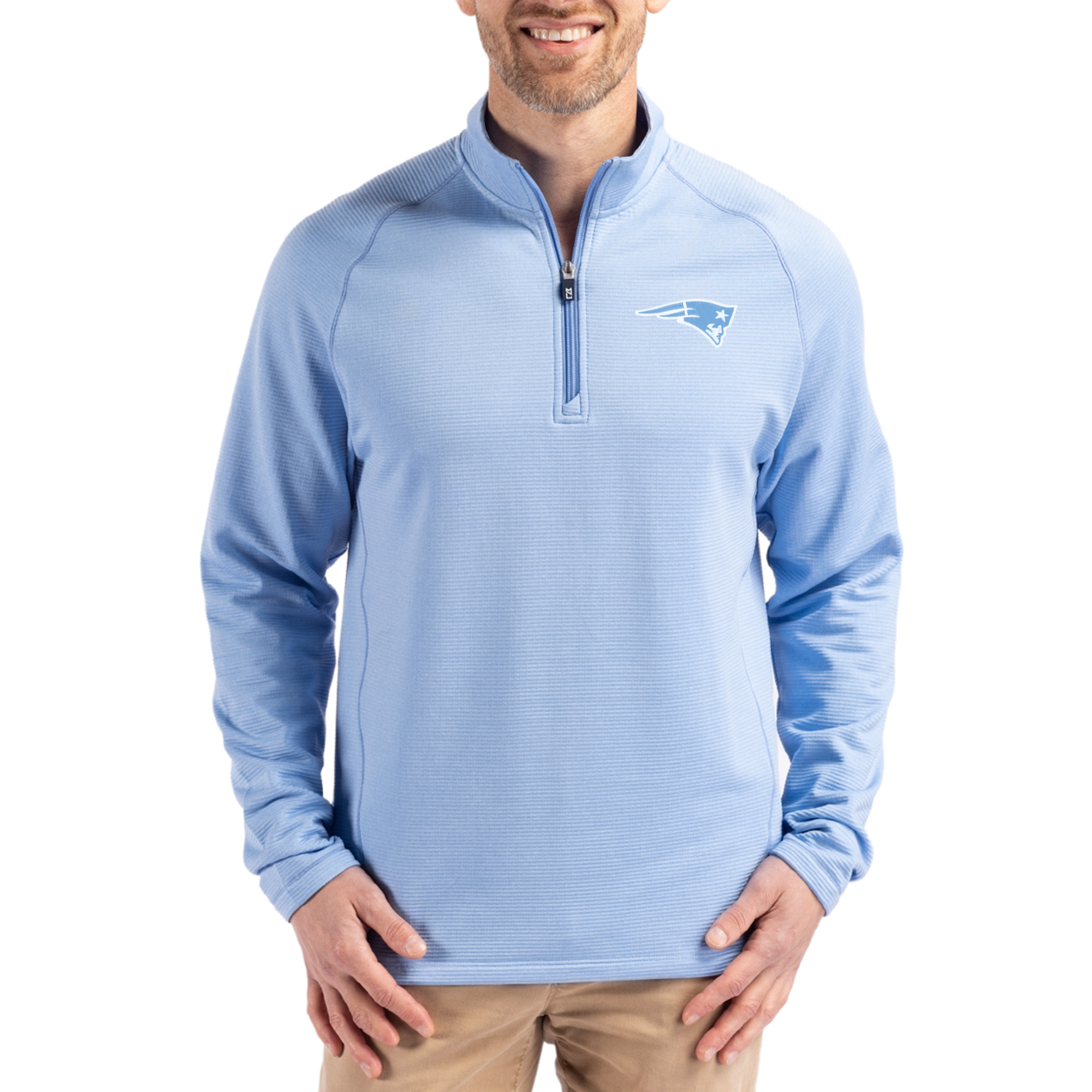 Cutter & Buck Men's Powder Blue New England Patriots Peshastin Eco Fleece Raglan Quarter-Zip Sweatshirt - Powder Blue