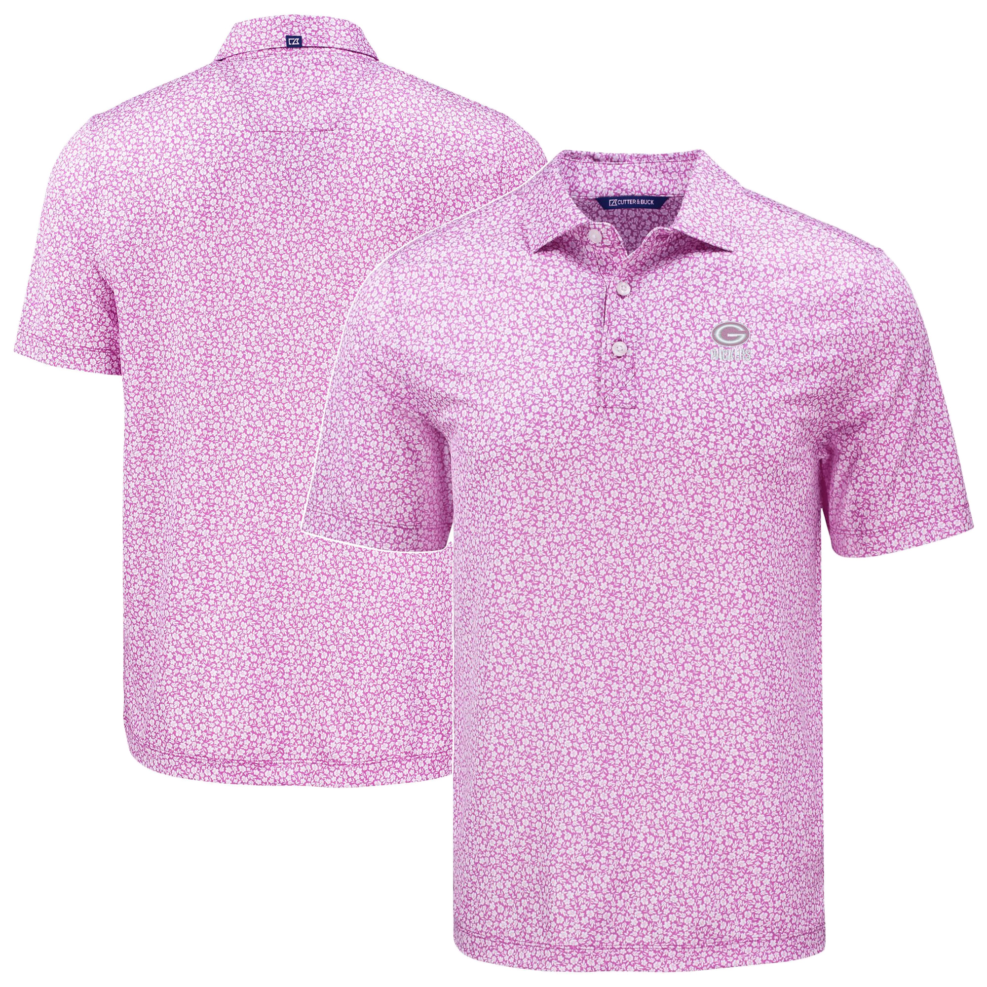 Men's Cutter & Buck Pink Green Bay Packers Pike Eco Flora Print Recycled Polo