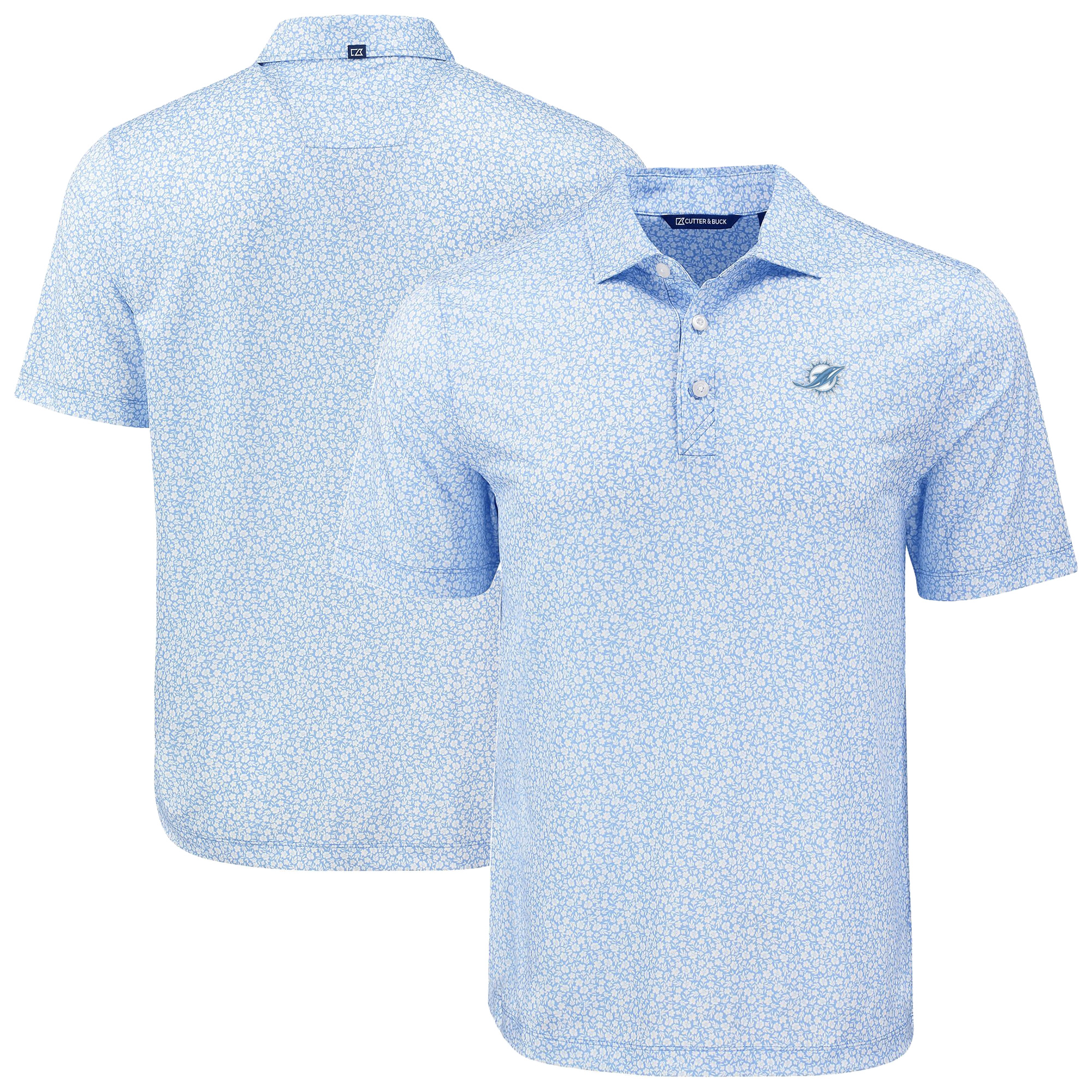 Men's Cutter & Buck Powder Blue Miami Dolphins Pike Eco Flora Print Recycled Polo