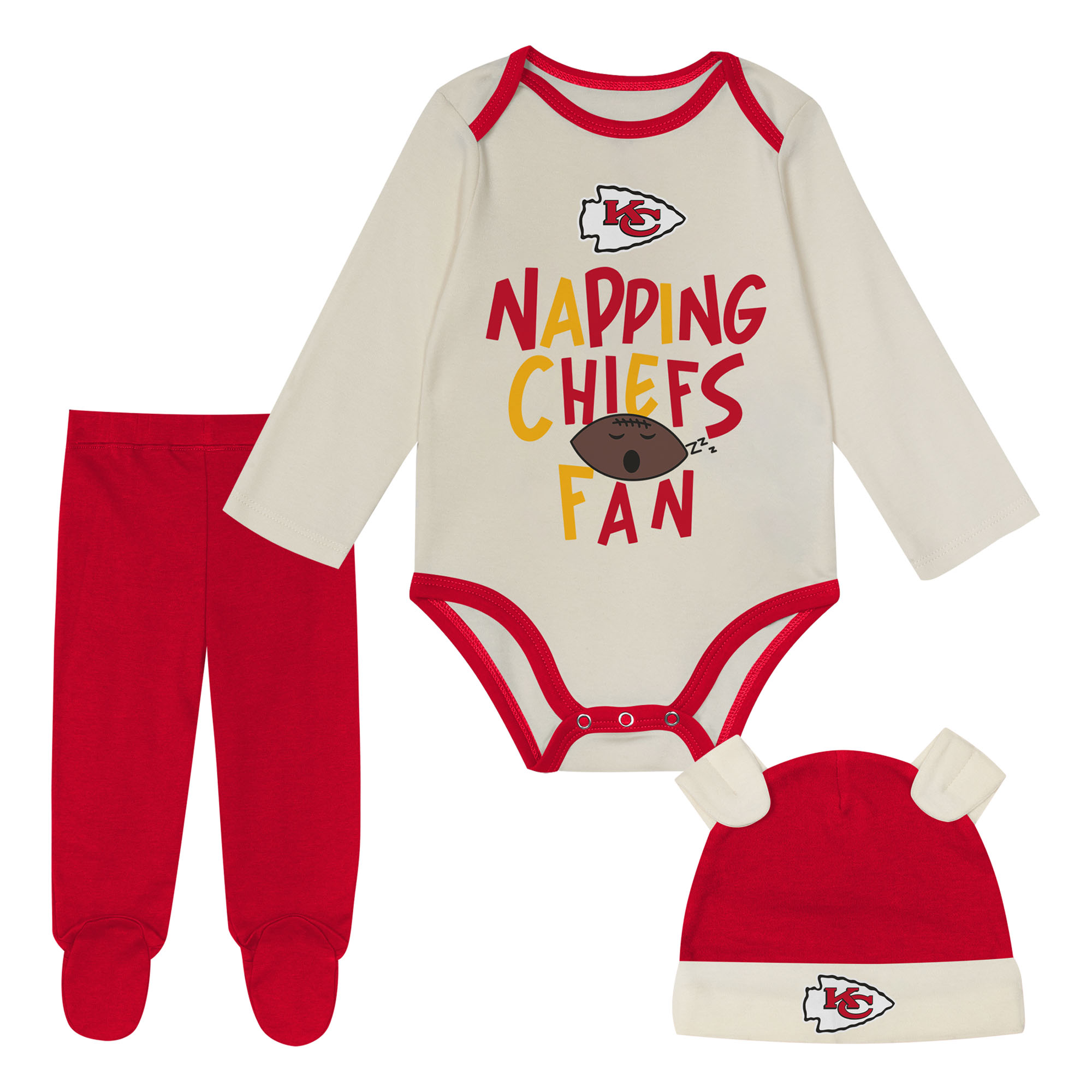 Newborn Outerstuff Red Kansas City Chiefs Little Champ Three-Piece Long Sleeve Bodysuit, Pants and Cuffed Hat Set
