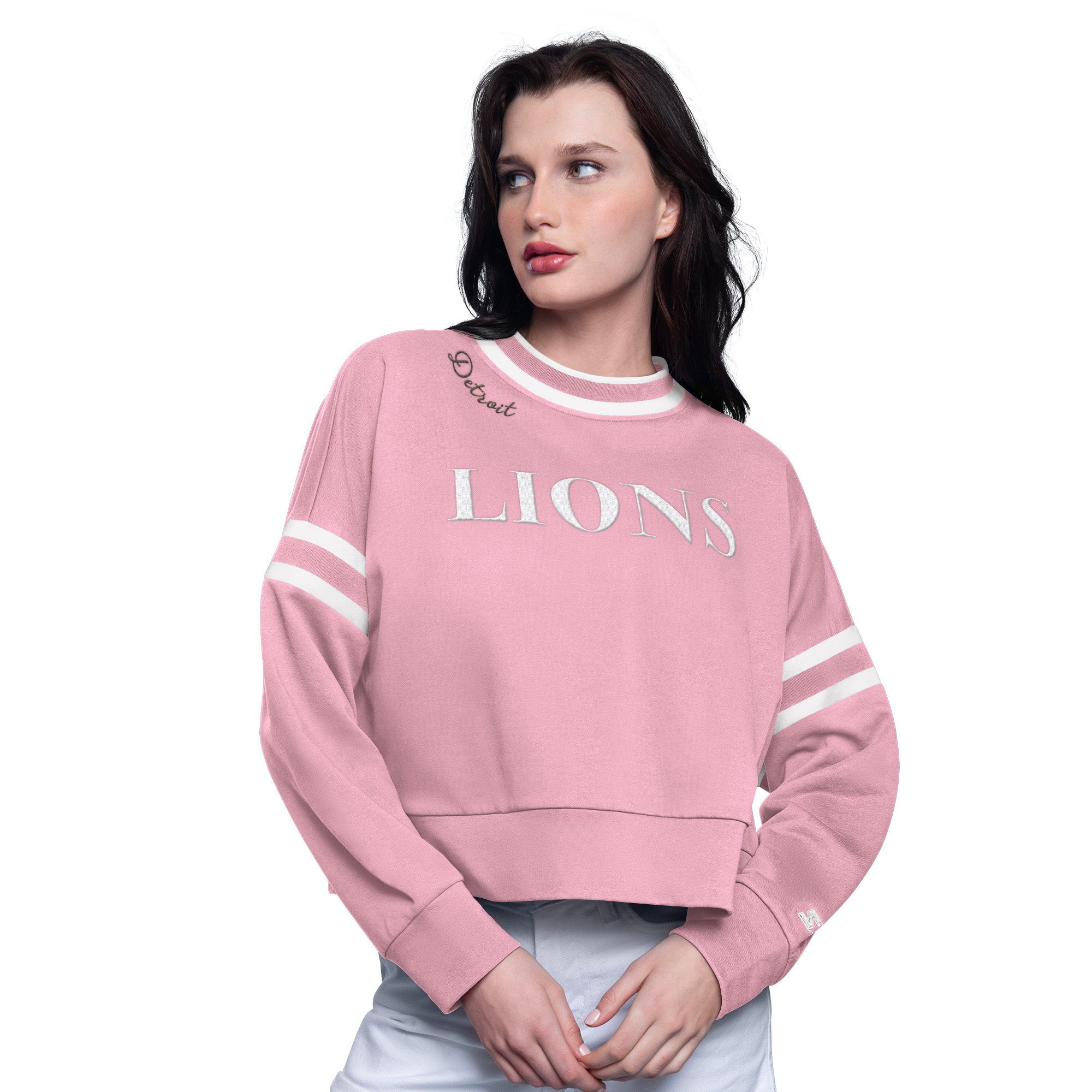 Women's Starter Pink Detroit Lions Power Play Cropped Pullover Sweatshirt
