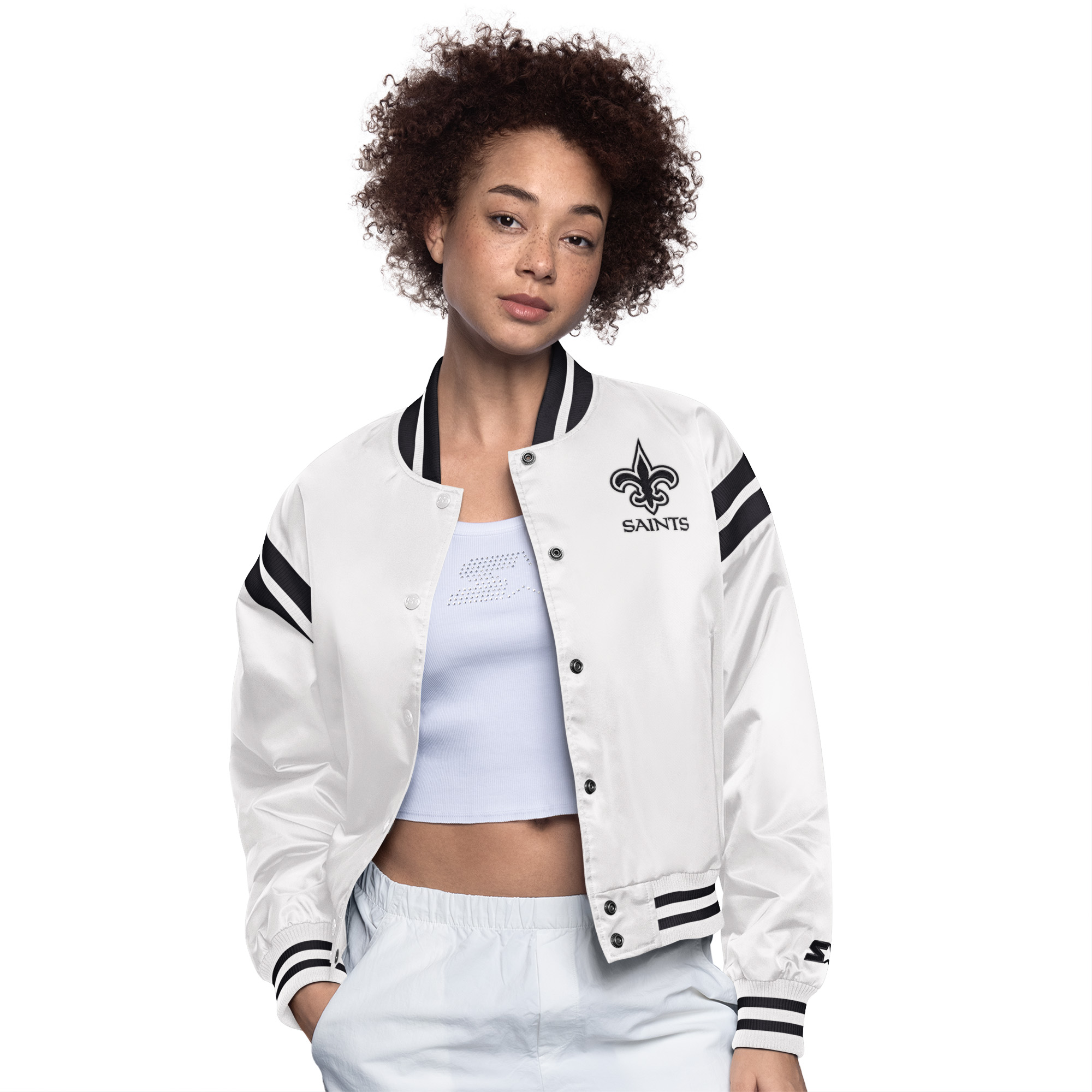 Women's Starter Cream New Orleans Saints Full Count Full-Snap Satin Jacket
