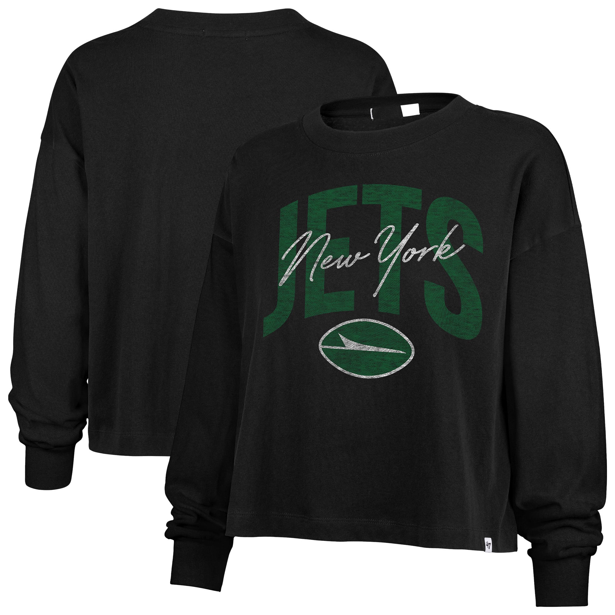 Women's '47 Black New York Jets Muse Sydney Long Sleeve Cropped T-Shirt