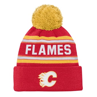 Youth Outerstuff Red Calgary Flames Jacquard Cuffed Knit Hat with Pom