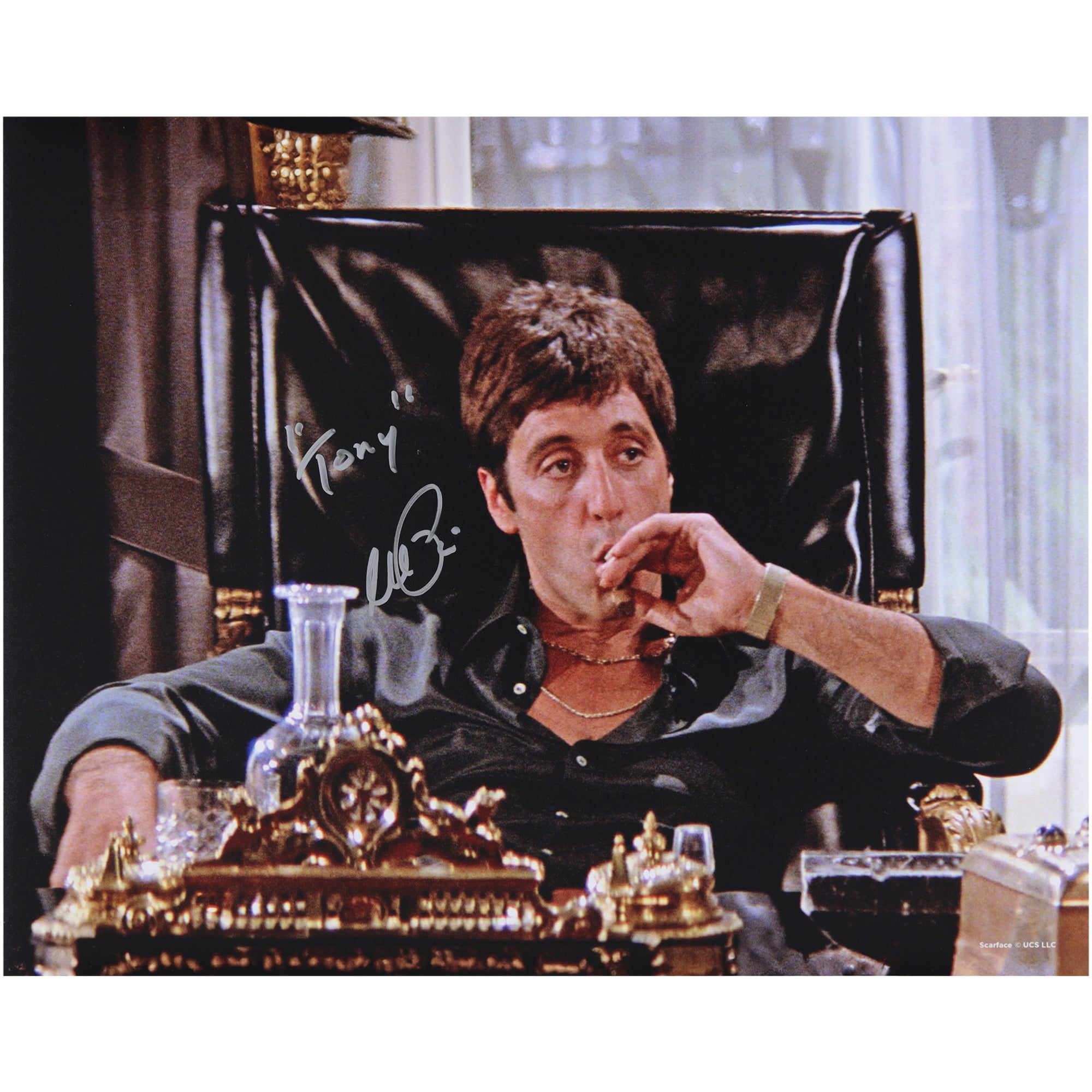 Al Pacino Scarface Autographed 16" x 20" Smoking Cigar At Desk Photograph with "Tony" Inscription