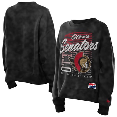 Women's New Era  Black Ottawa Senators Boxy Mineral Wash Dolman Sleeve Cropped Sweatshirt