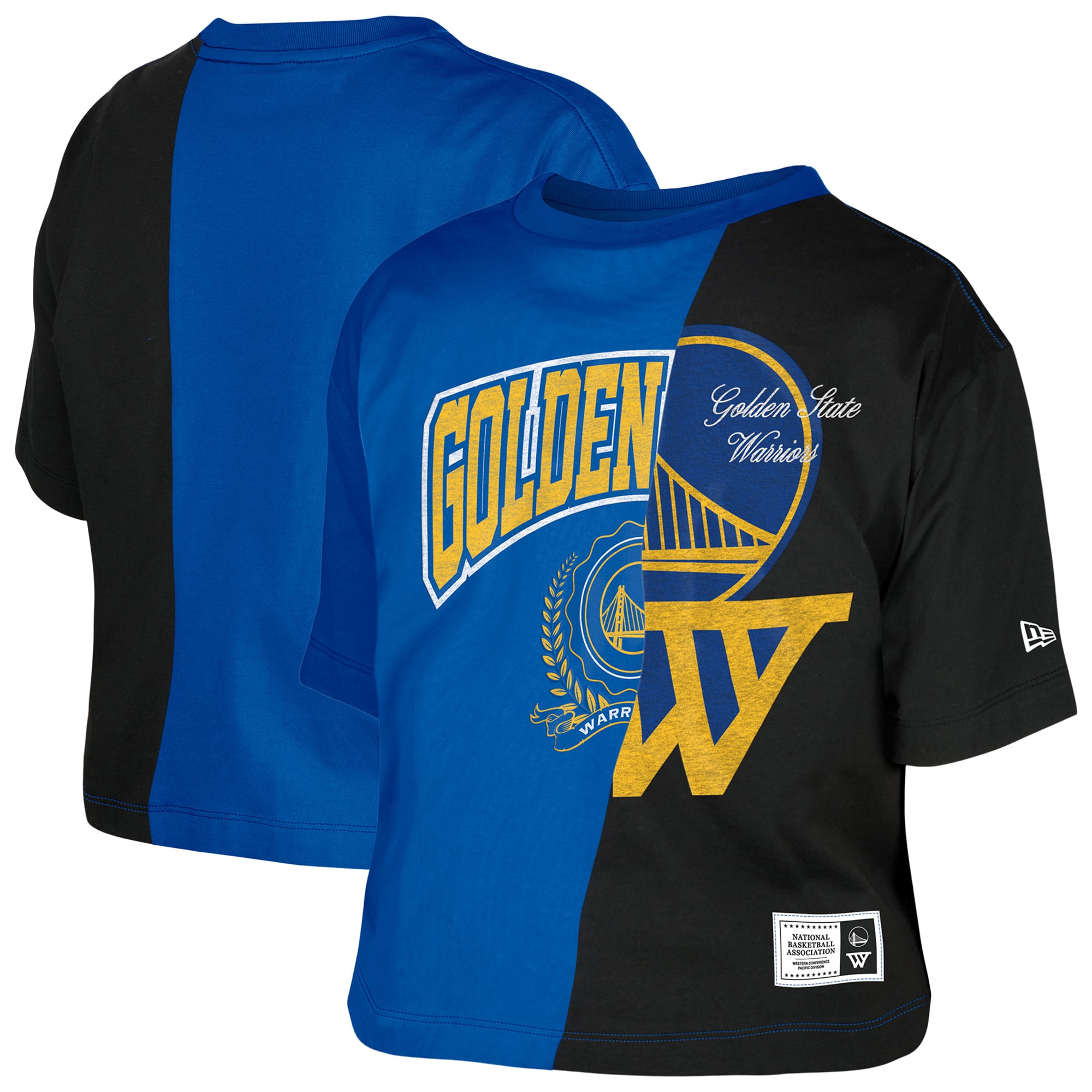 Women's New Era Blue Golden State Warriors Upcycled Colorblocked Boxy Cropped T-Shirt