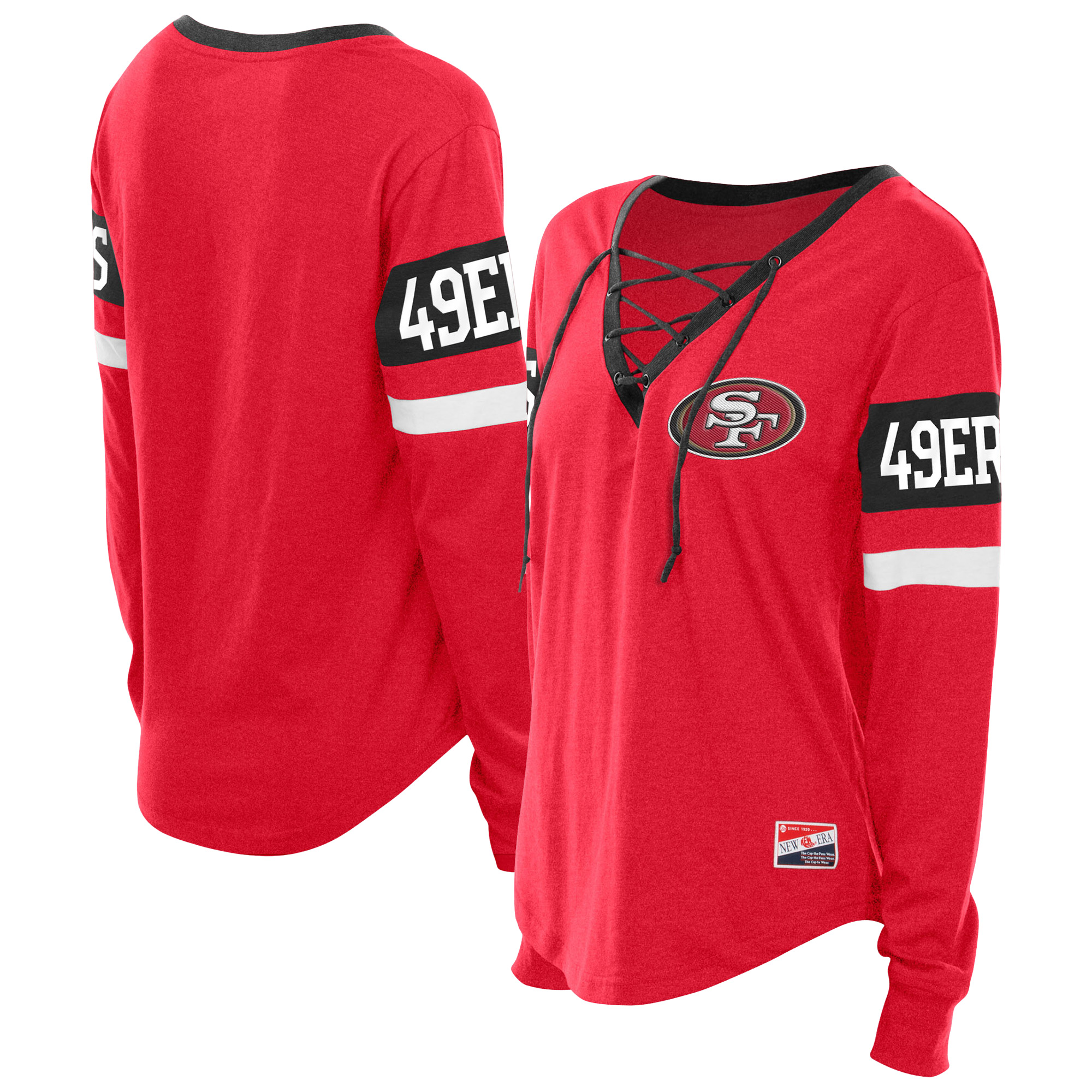 Women's New Era Scarlet San Francisco 49ers Plus Size Throwback Lace-Up Long Sleeve T-Shirt
