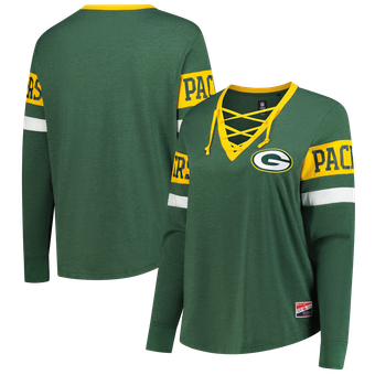 Women's New Era Green Green Bay Packers Plus Size Throwback Lace-Up Long Sleeve T-Shirt