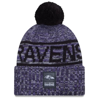 Men's New Era Purple Baltimore Ravens 2025 Sideline Cold Weather Cuffed Knit Hat with Pom