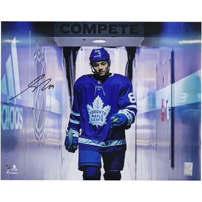 Nick Robertson Toronto Maple Leafs Autographed 16" x 20" Blue Jersey Walking Down the Tunnel Photograph