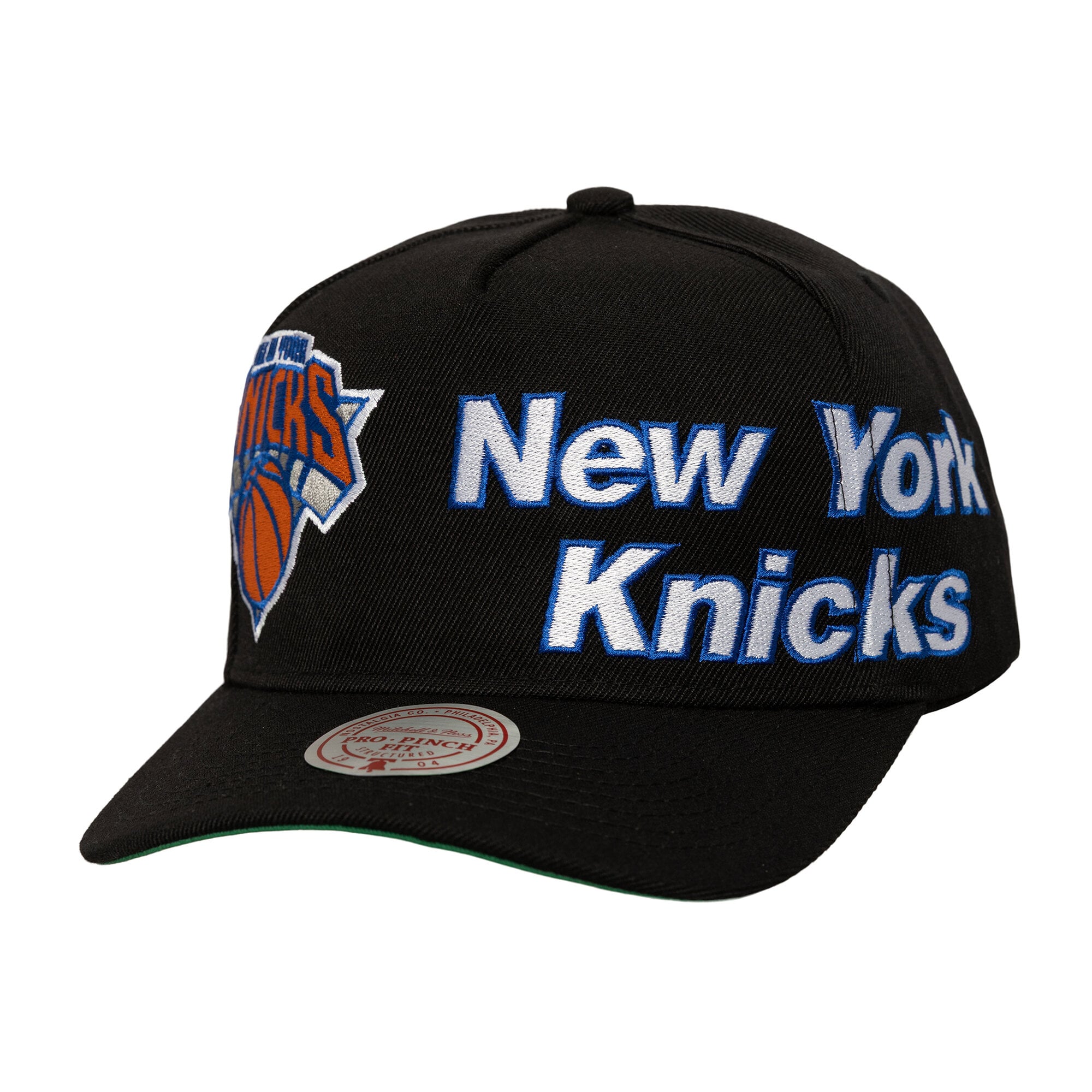 Men's Mitchell & Ness Black New York Knicks Busted Logo Wordmark Wrap-Around Pro Pinch Adjustable Hat