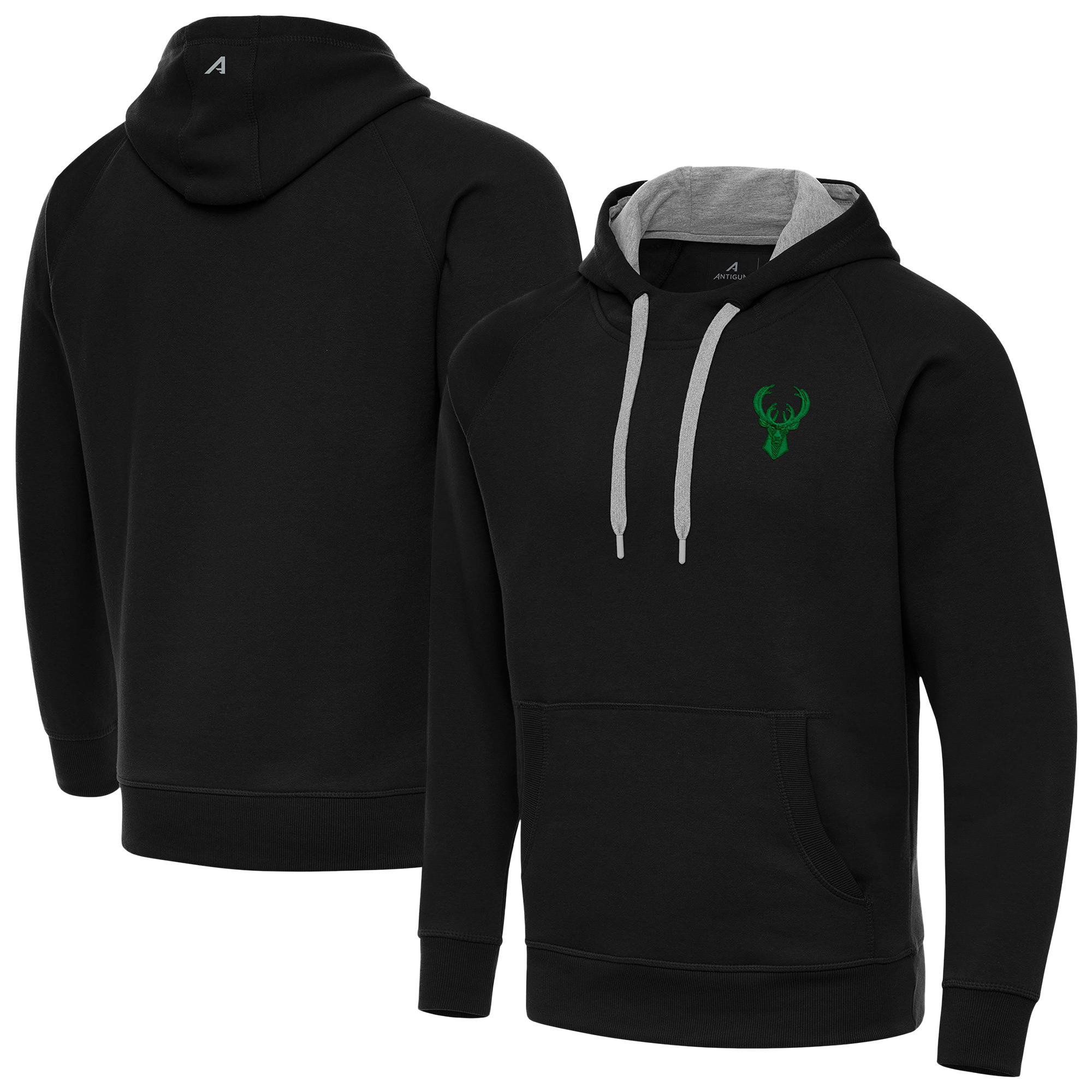 Men's Antigua Black Milwaukee Bucks St. Patrick's Day Victory Raglan Pullover Hoodie