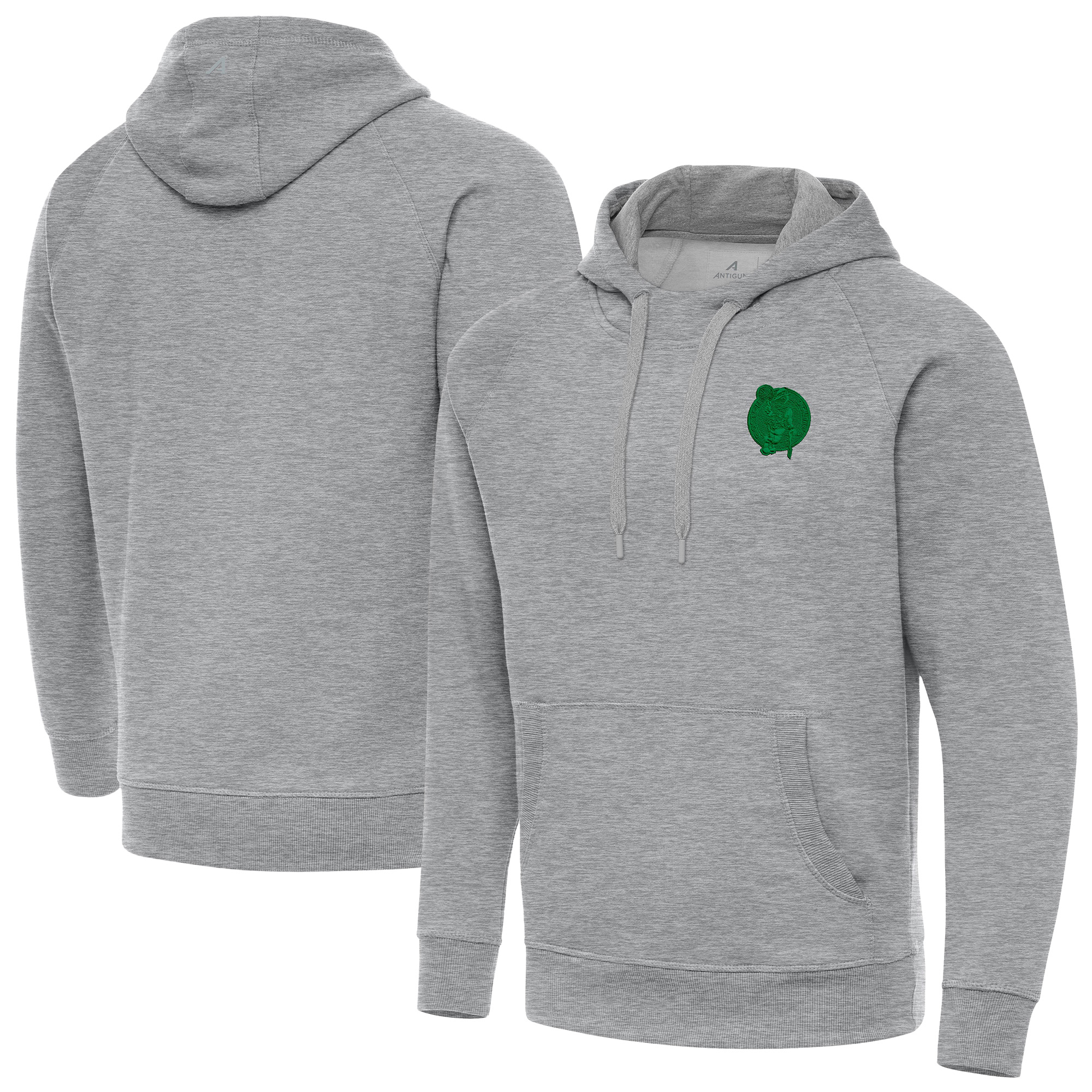 Men's Antigua Heather Gray Boston Celtics St. Patrick's Day Victory Raglan Pullover Hoodie