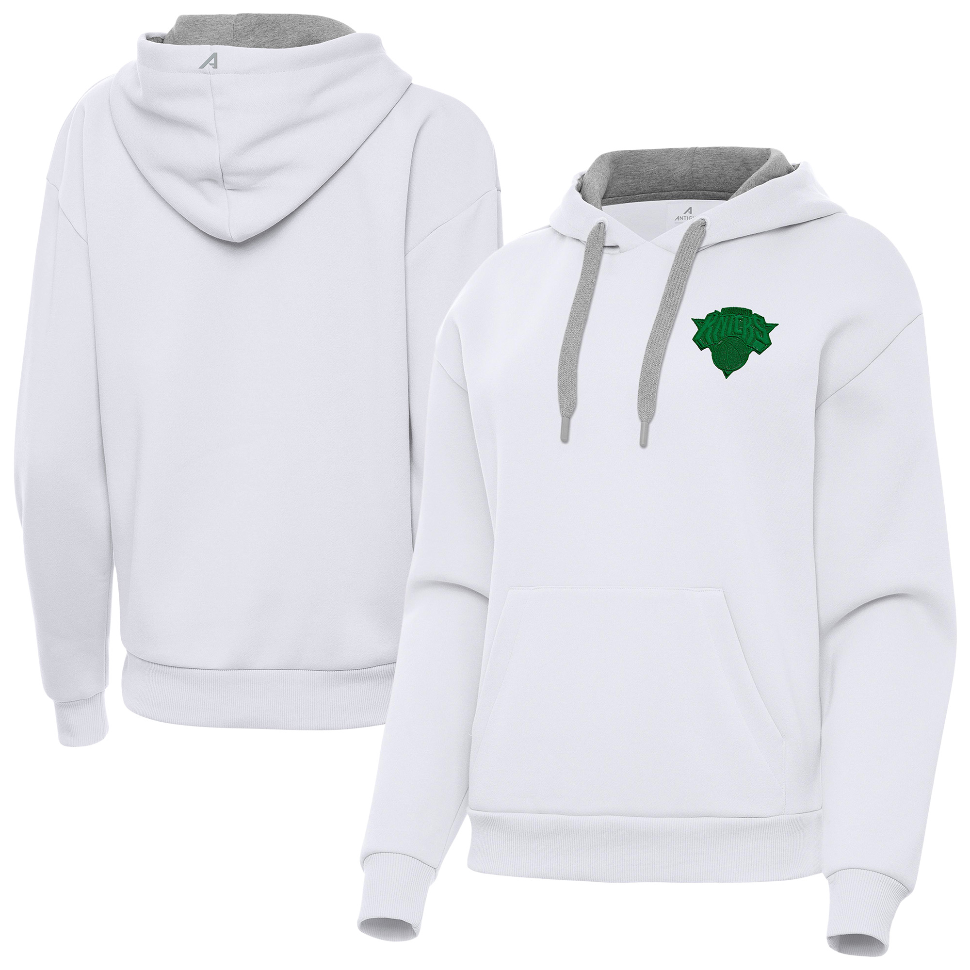 Women's Antigua White New York Knicks St. Patrick's Day Victory Pullover Hoodie