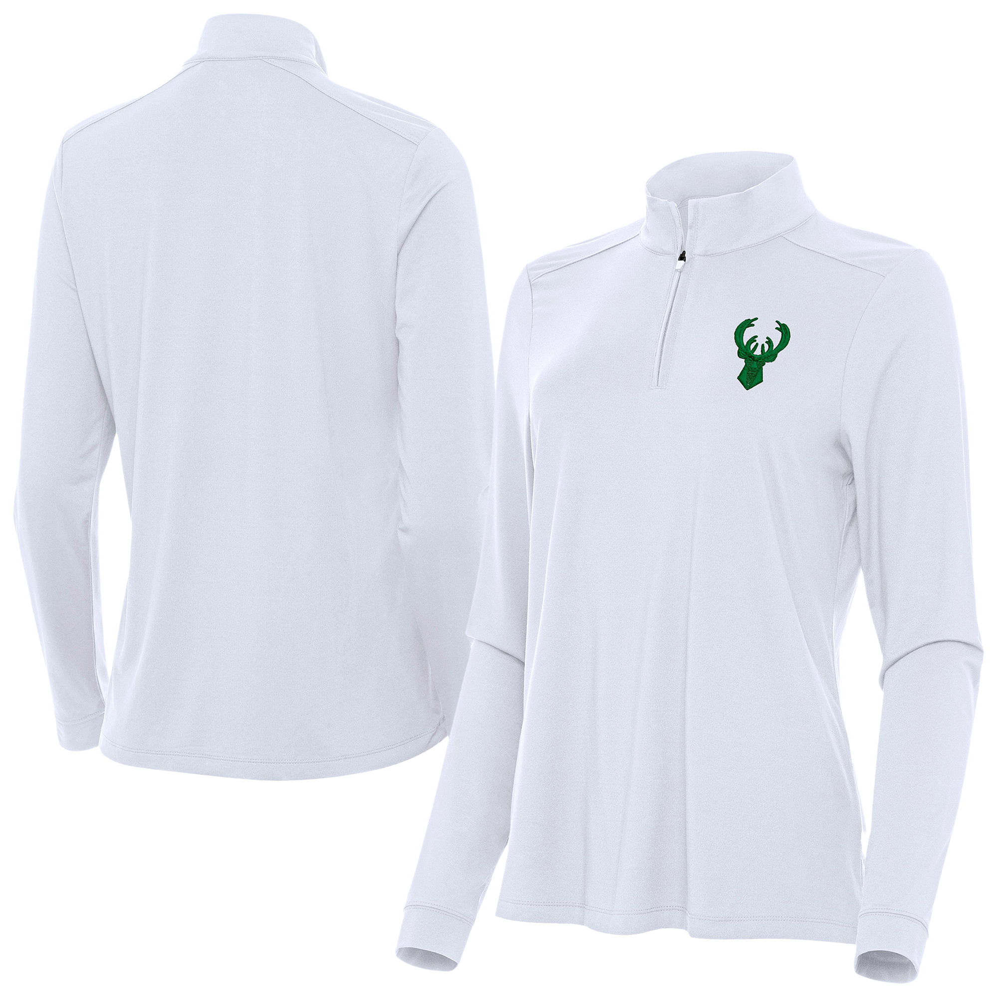 Women's Antigua White Milwaukee Bucks St. Patrick's Day Intent Quarter-Zip Top