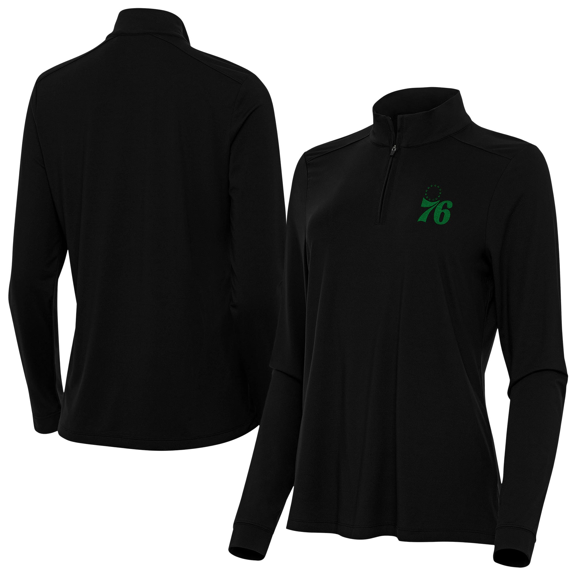 Women's Antigua Black Philadelphia 76ers St. Patrick's Day Intent Quarter-Zip Top
