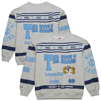 Men's Mitchell & Ness Heather Gray North Carolina Tar Heels All Over Print Sweatshirt