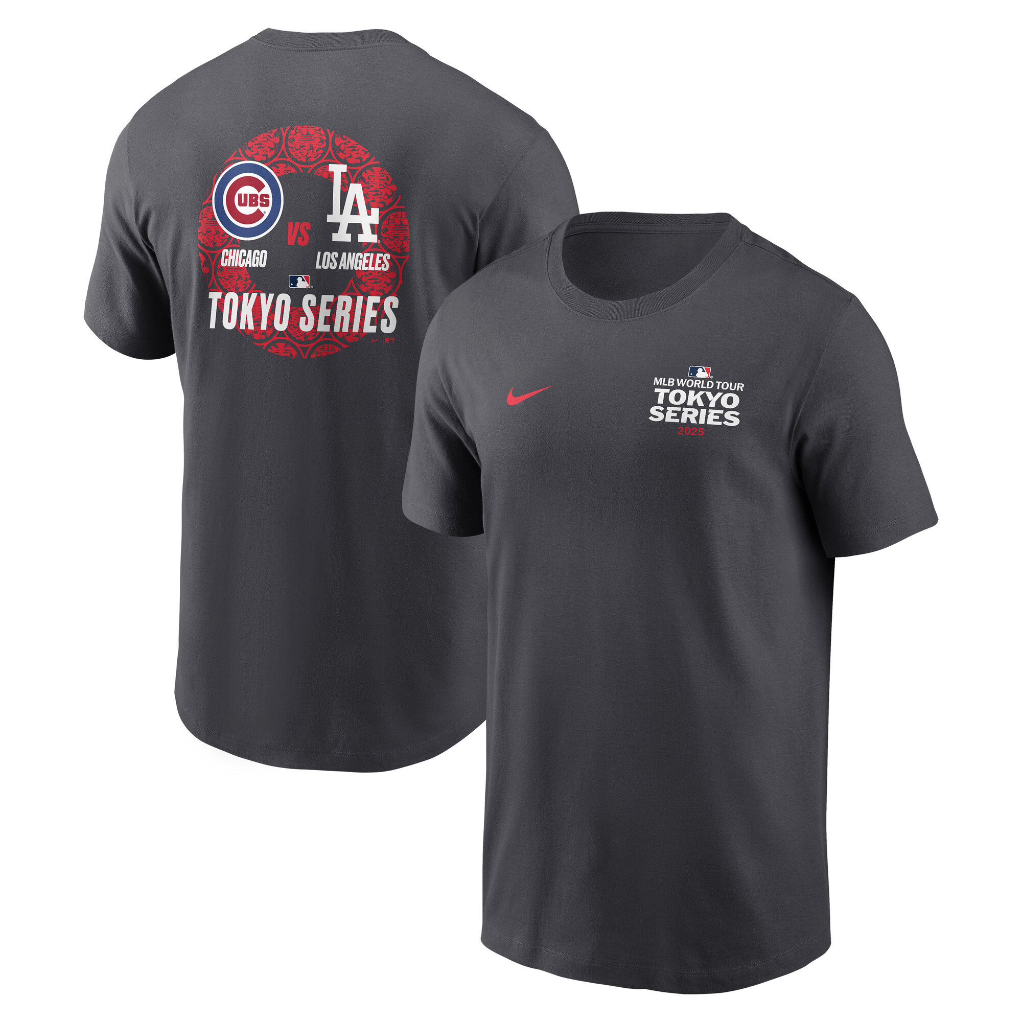 Men's Nike Anthracite 2025 MLB World Tour: Tokyo Series Los Angeles Dodgers vs. Chicago Cubs Matchup T-Shirt