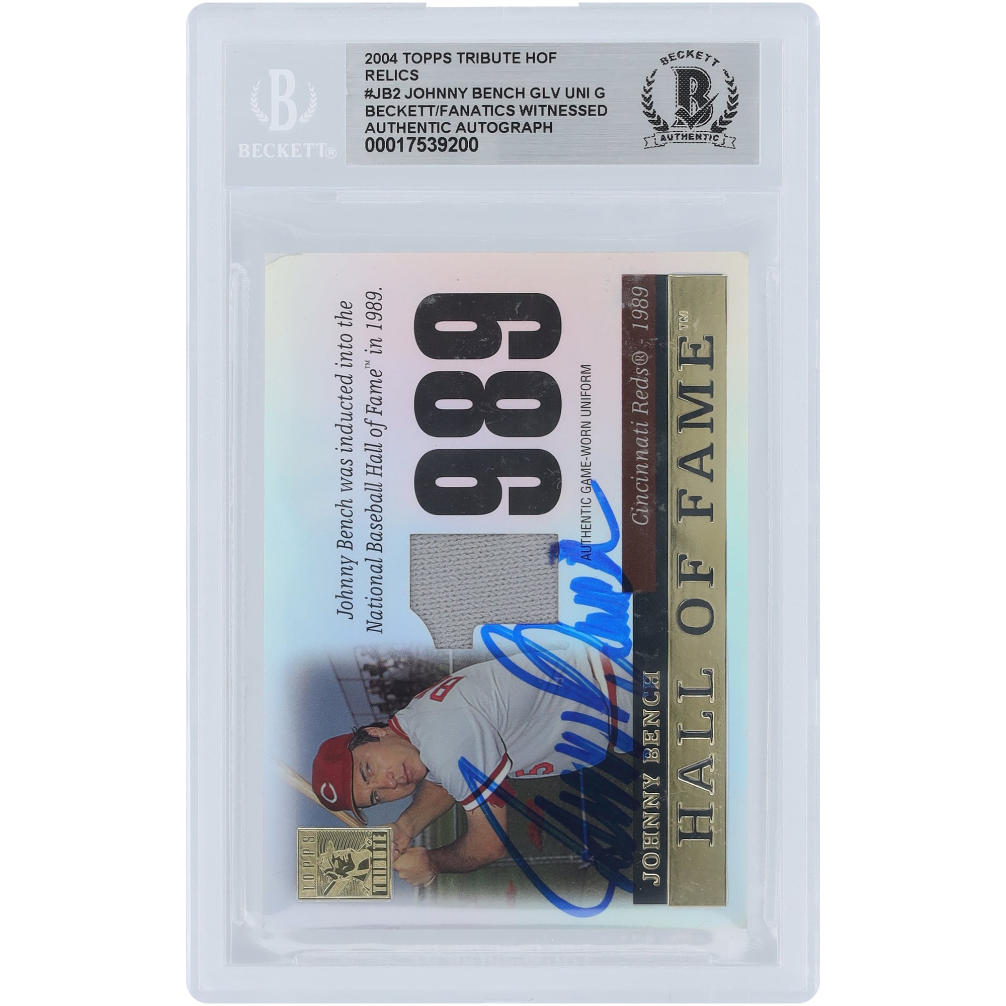 Johnny Bench Cincinnati Reds Autographed 2004 Topps Tribute Hall of Fame Jersey Relic #TR-JB2 Beckett Fanatics Witnessed Authenticated Card. rookie card picture