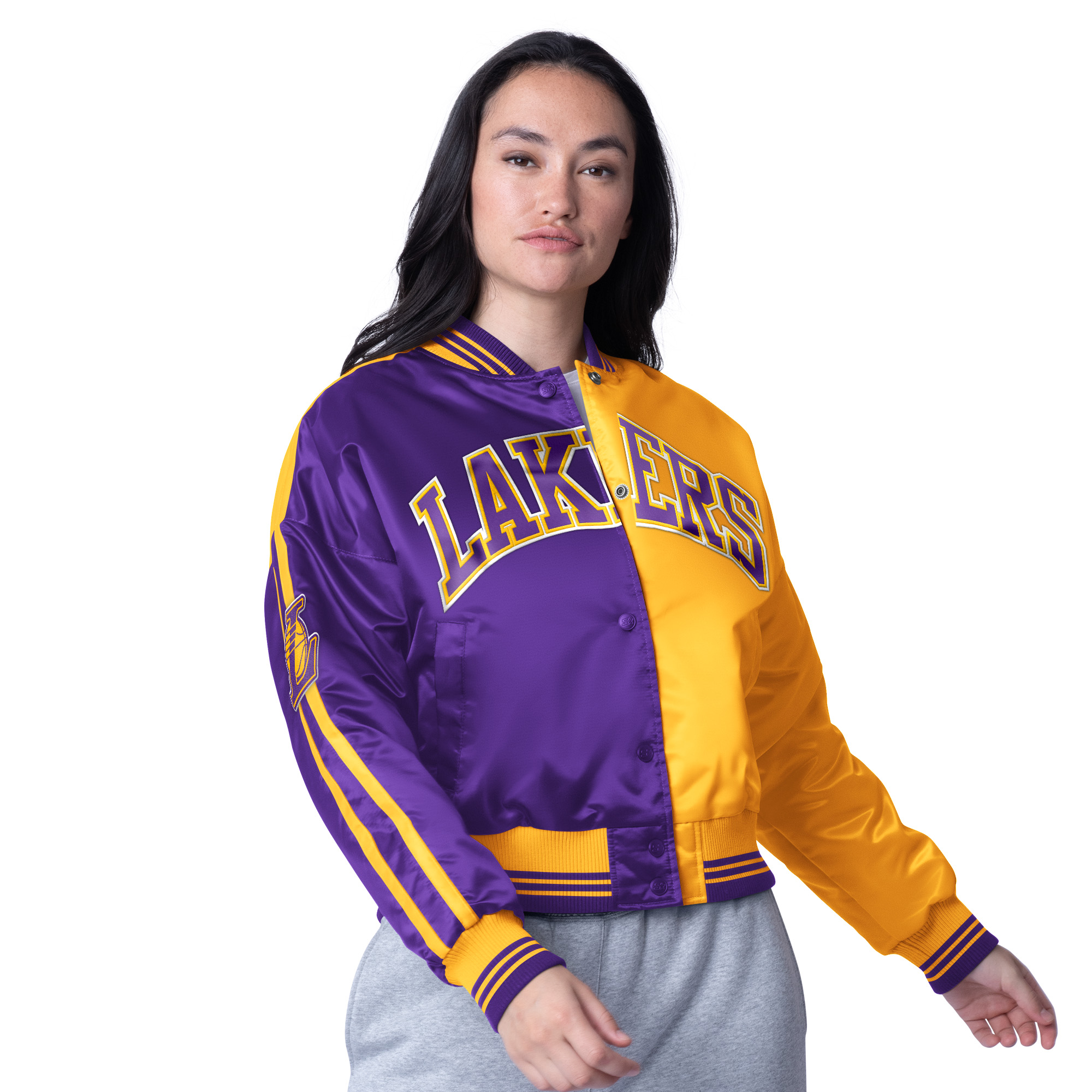 Women's Starter Gold/Purple Los Angeles Lakers Zone Blitz Cropped Full-Snap Satin Jacket