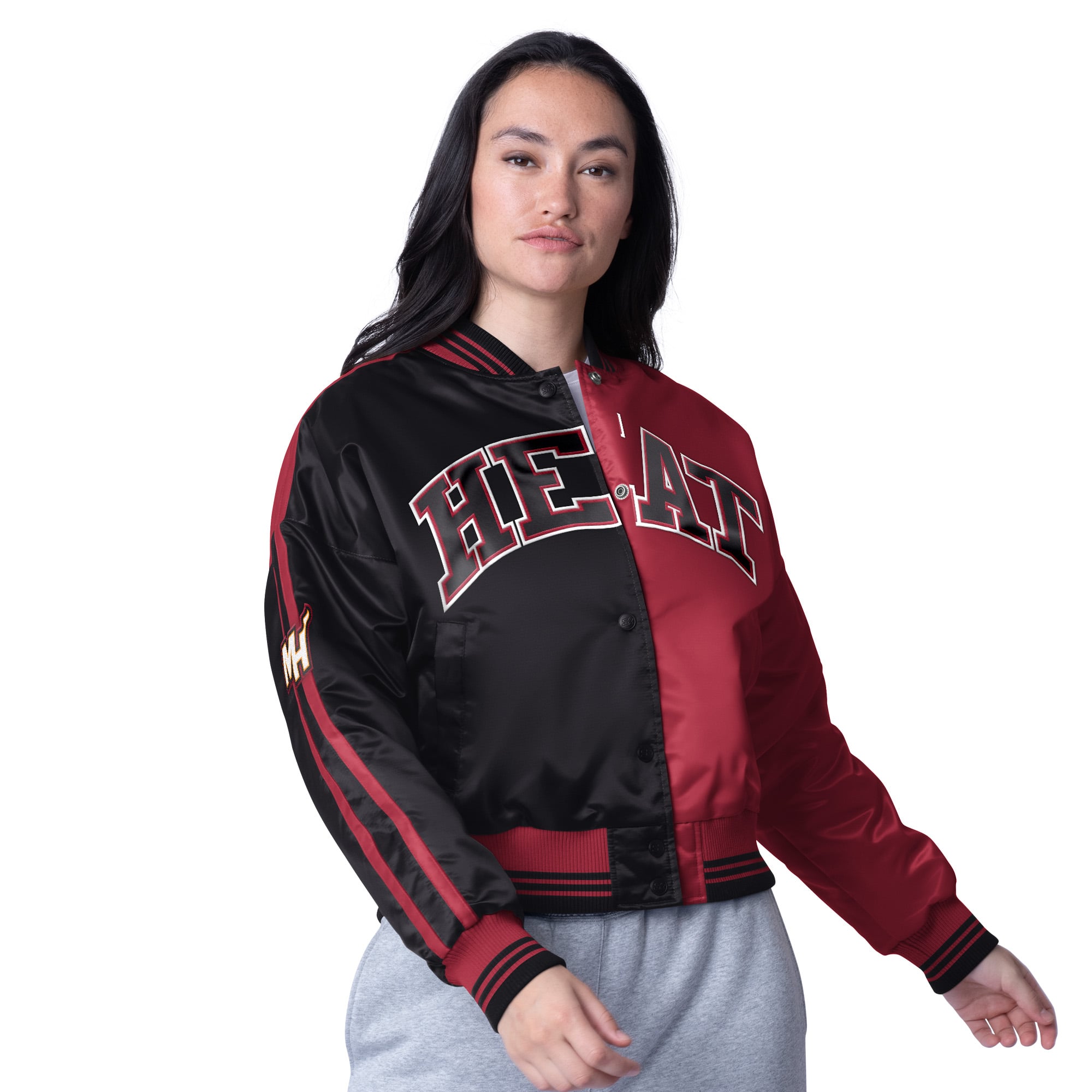 Women's Starter Red/Black Miami Heat Zone Blitz Cropped Full-Snap Satin Jacket