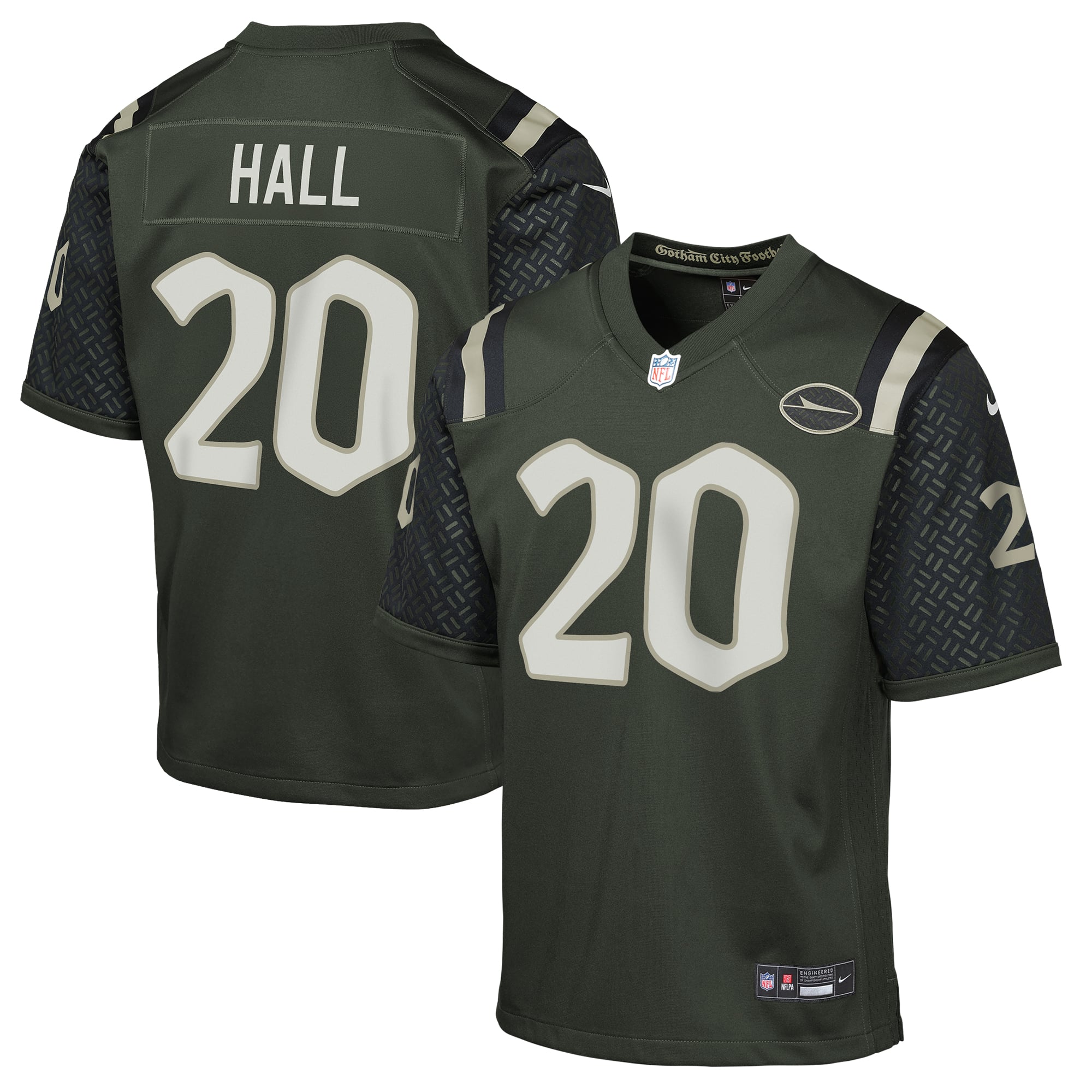 Camiseta Nike Breece Hall Gotham Green de los New York Jets 2025 Rivalries Collection Game para jóvenes