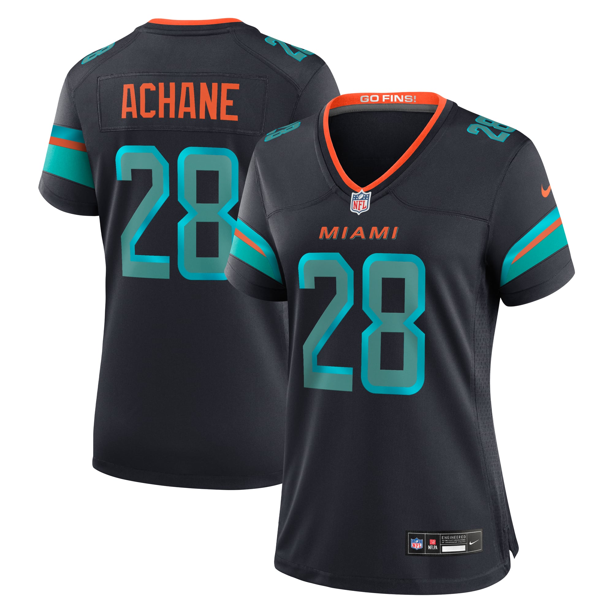 Camiseta de juego Nike De’Von Achane azul marino de la colección Rivalries de los Miami Dolphins para mujer