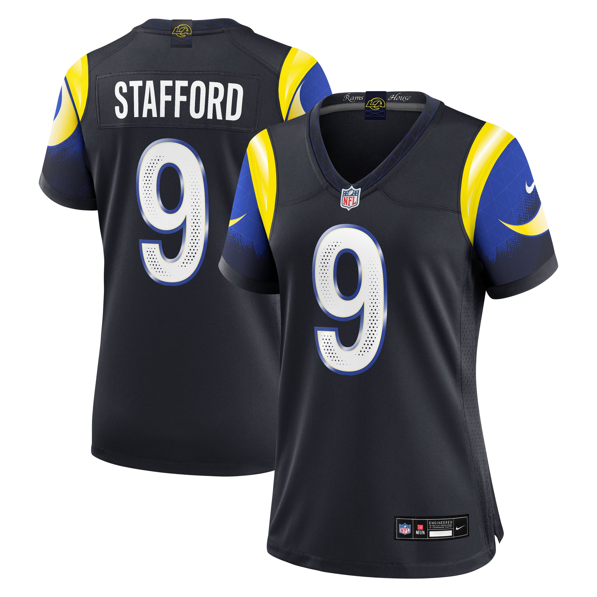 Camiseta de juego Nike Matthew Stafford azul oscuro de la colección Rivalries de Los Angeles Rams para mujer