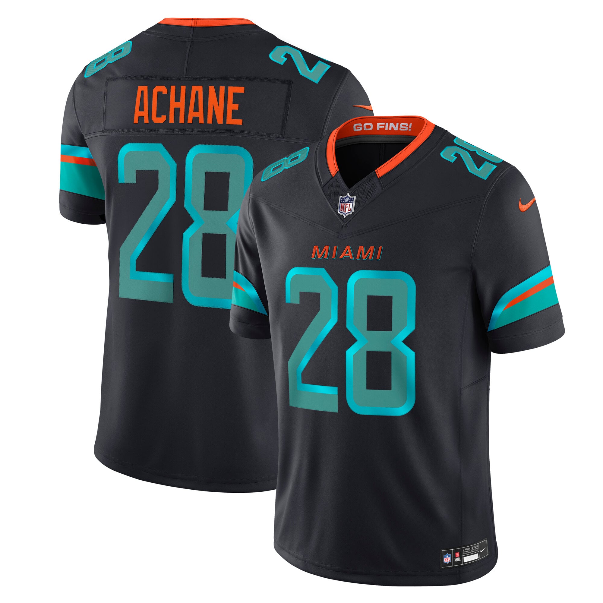 Camiseta Nike De’Von Achane azul marino de la colección Rivalries de los Miami Dolphins para hombre, edición limitada con costuras.