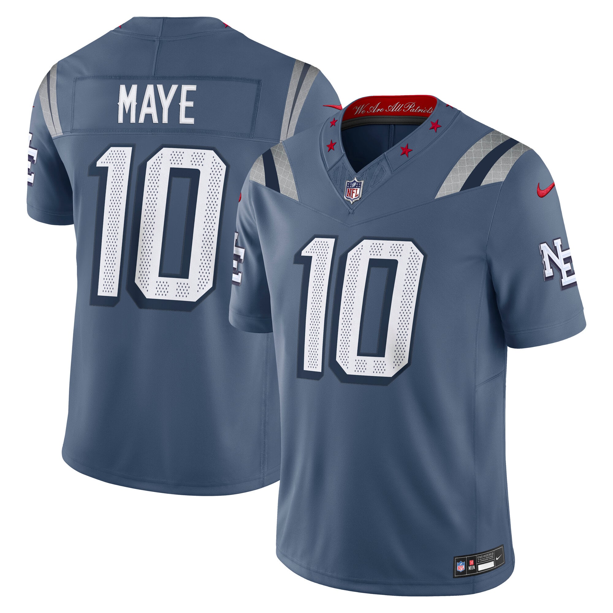 Camiseta Nike Drake Maye azul de la colección Rivalries de los New England Patriots para hombre, con costuras, edición limitada.