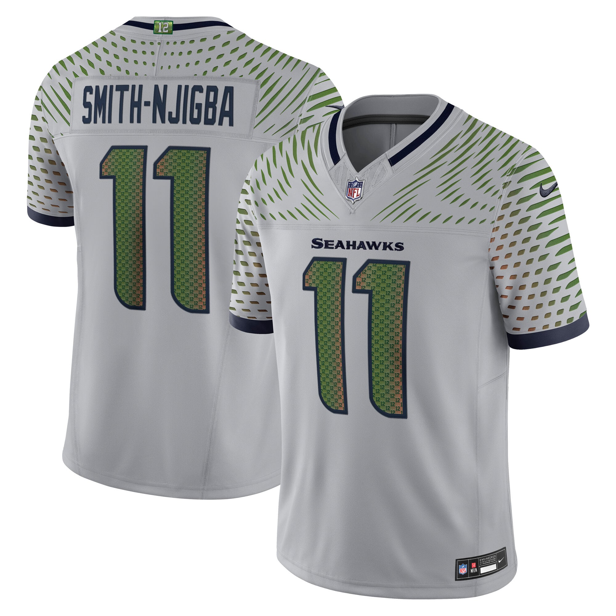 Camiseta de manga corta Nike Jaxon Smith-Njigba de los Seattle Seahawks, color gris, de la colección Rivalries, con costuras, edición limitada.