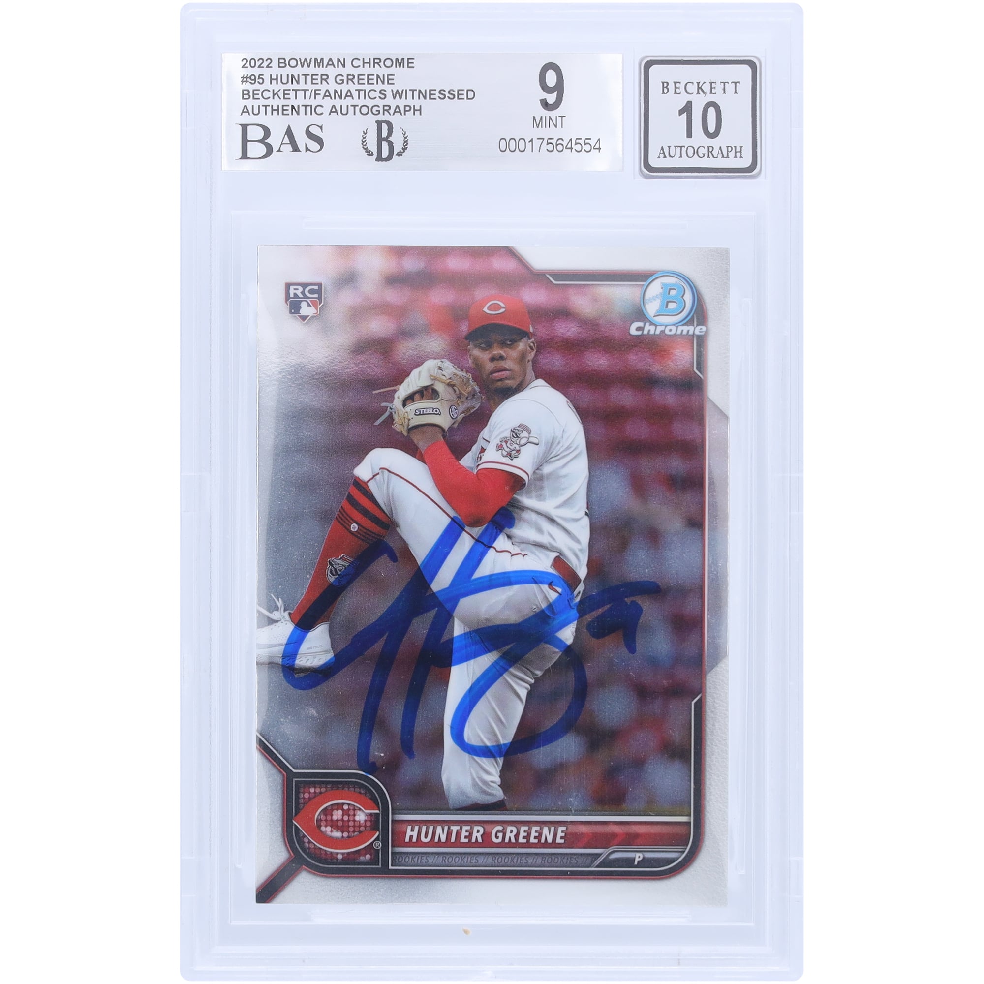 Hunter Greene Cincinnati Reds Autographed 2022 Bowman Chrome #95 Beckett Fanatics Witnessed Authenticated 9/10 Card