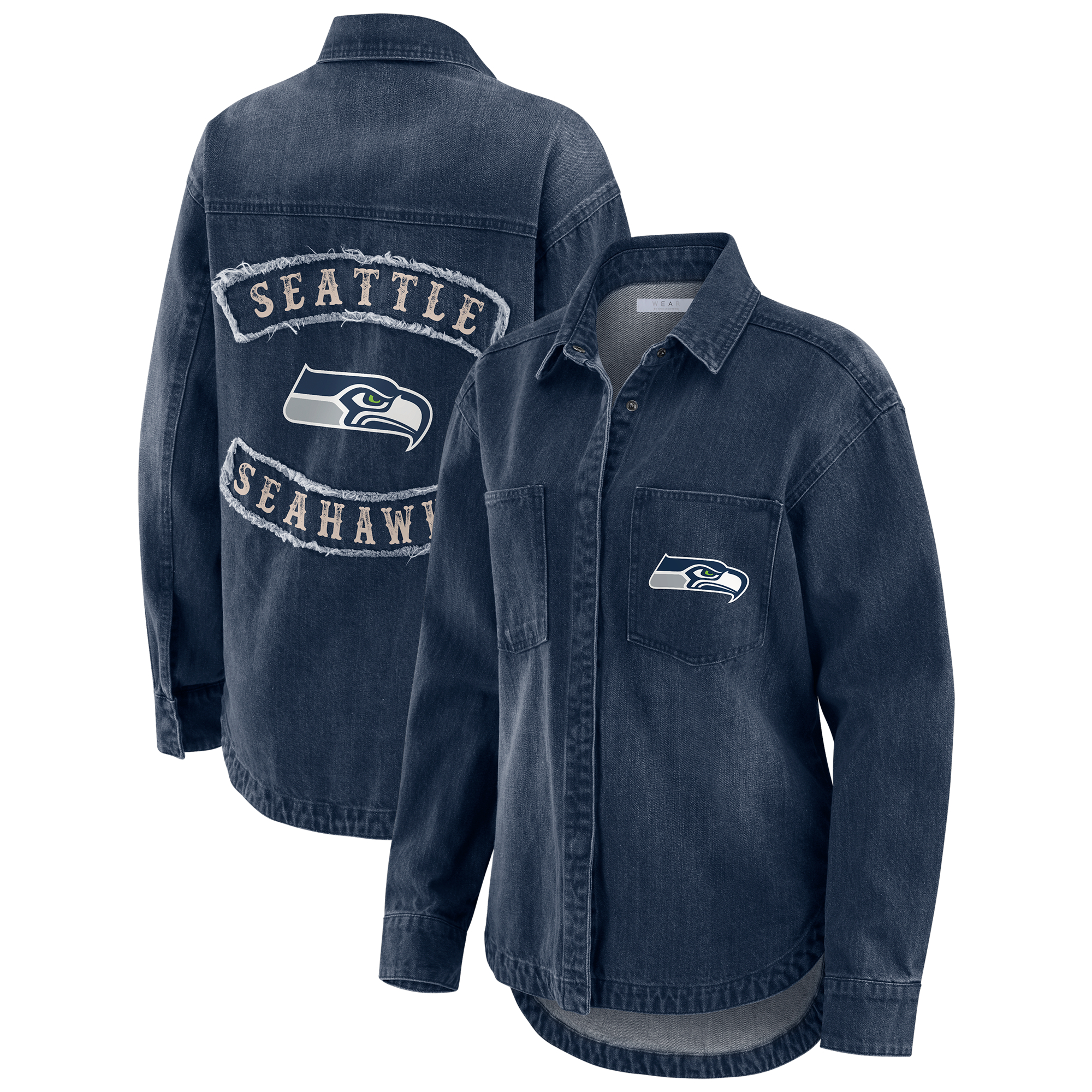 Women's WEAR by Erin Andrews Denim Seattle Seahawks Washed Oversized Denim Full-Snap Shacket