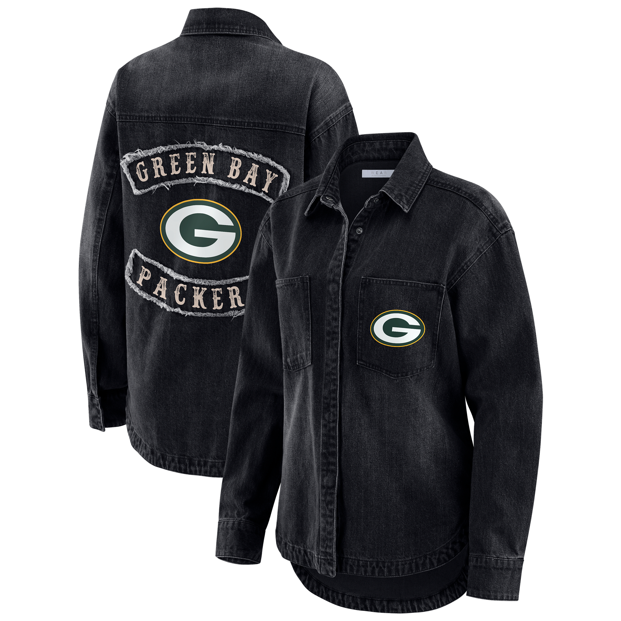 Women's WEAR by Erin Andrews Black Green Bay Packers Washed Oversized Denim Full-Snap Shacket