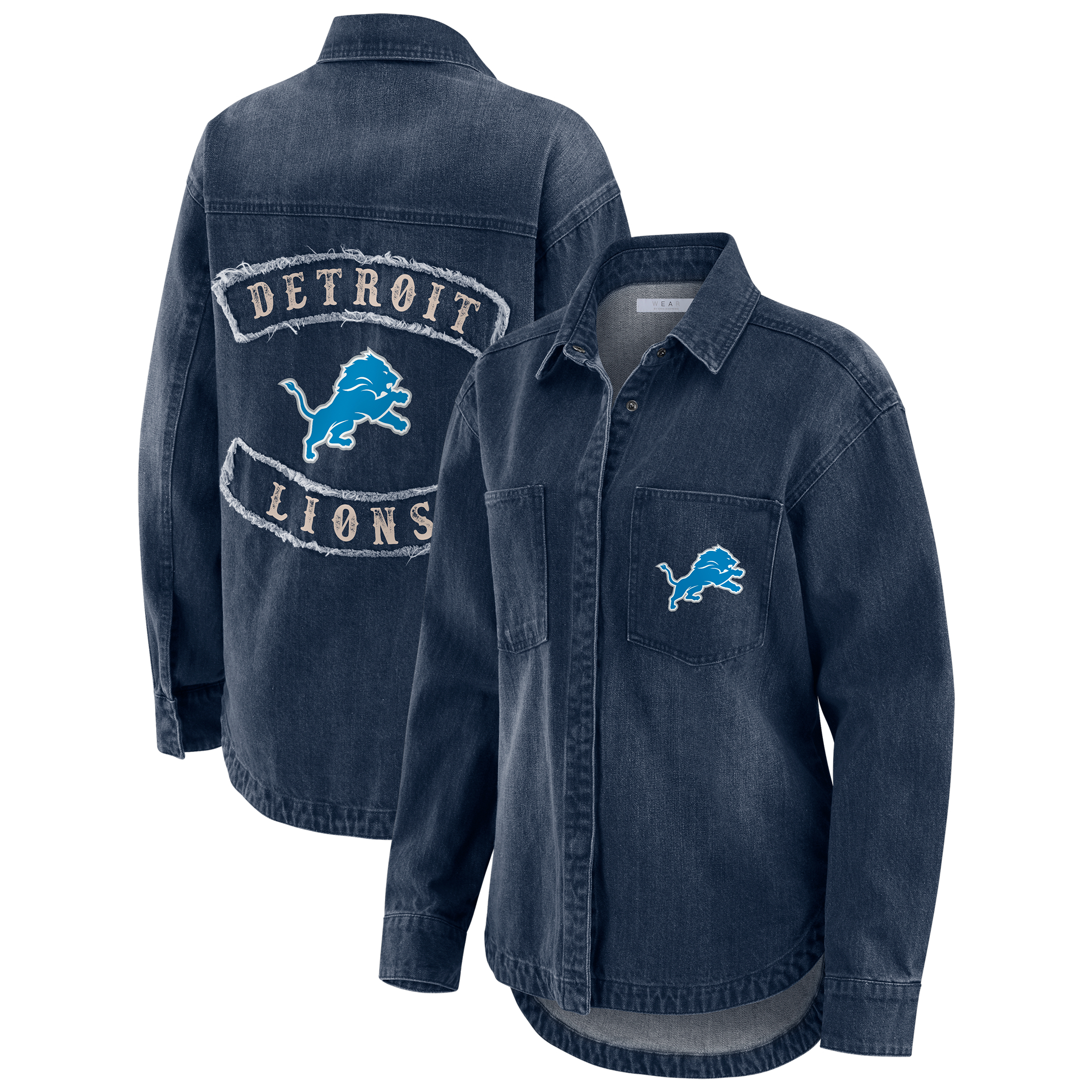 Women's WEAR by Erin Andrews Denim Detroit Lions Washed Oversized Denim Full-Snap Shacket