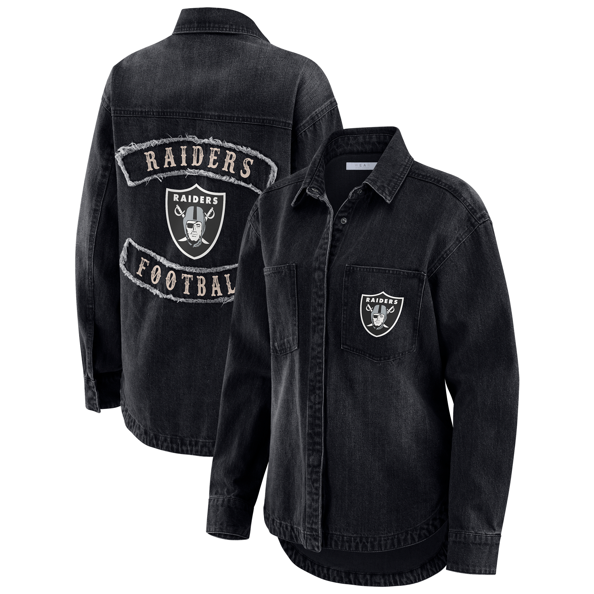 Women's WEAR by Erin Andrews Black Las Vegas Raiders Washed Oversized Denim Full-Snap Shacket