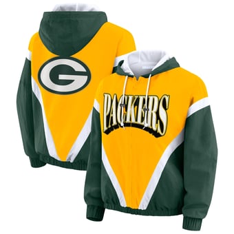Women's WEAR by Erin Andrews Gold/Green Green Bay Packers Plus Size Retro Crinkle Full-Zip Hoodie Windbreaker Jacket