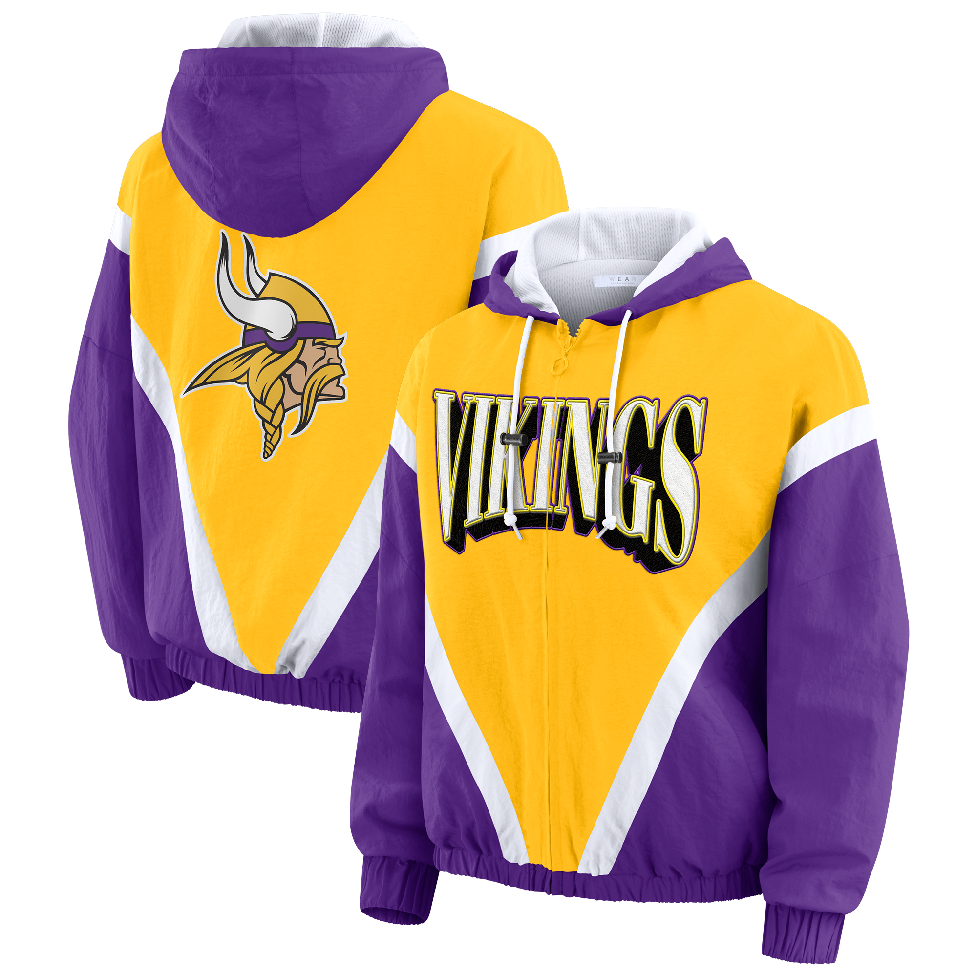 Women’s WEAR by Erin Andrews Gold/Purple Minnesota Vikings Plus Size Retro Crinkle Full-Zip Hoodie Windbreaker Jacket Women’s WEAR by Erin Andrews Gold/Purple Minnesota Vikings Plus Size Retro Crinkle Full-Zip Hoodie Windbreaker Jacket