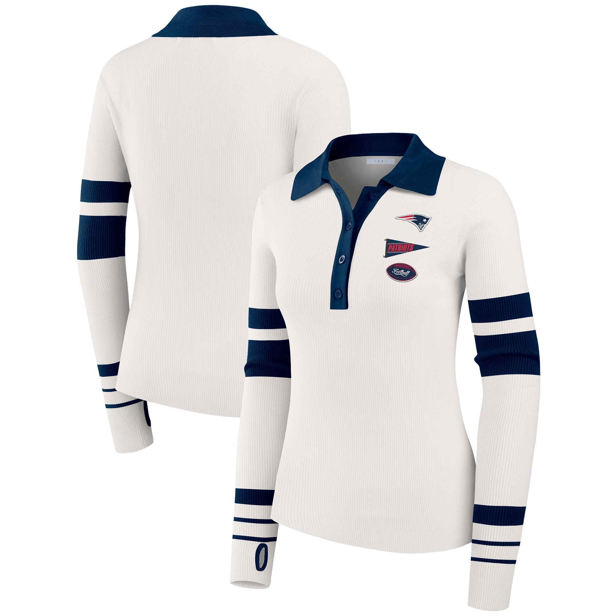 Women's WEAR by Erin Andrews White New England Patriots Ribbed Henley Polo Sweater