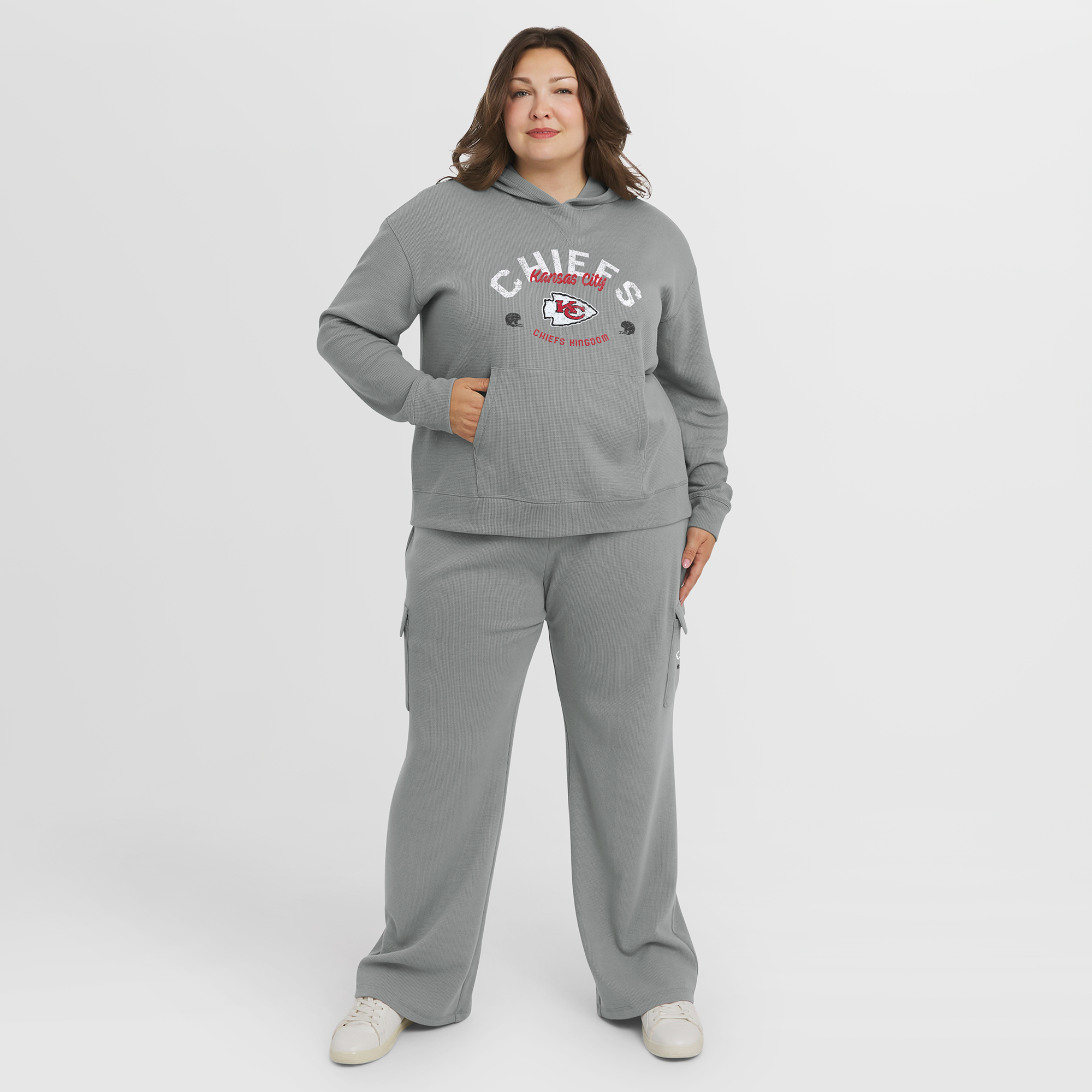 Women's WEAR by Erin Andrews Gray Kansas City Chiefs Plus Size Waffle-Knit Long Sleeve Hooded Shirt & Pants Lounge Set