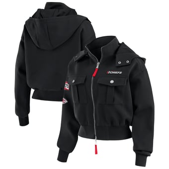 Women's WEAR by Erin Andrews Black Kansas City Chiefs Tri-Blend Patch Pocket Cropped Full-Zip Bomber Hoodie Jacket