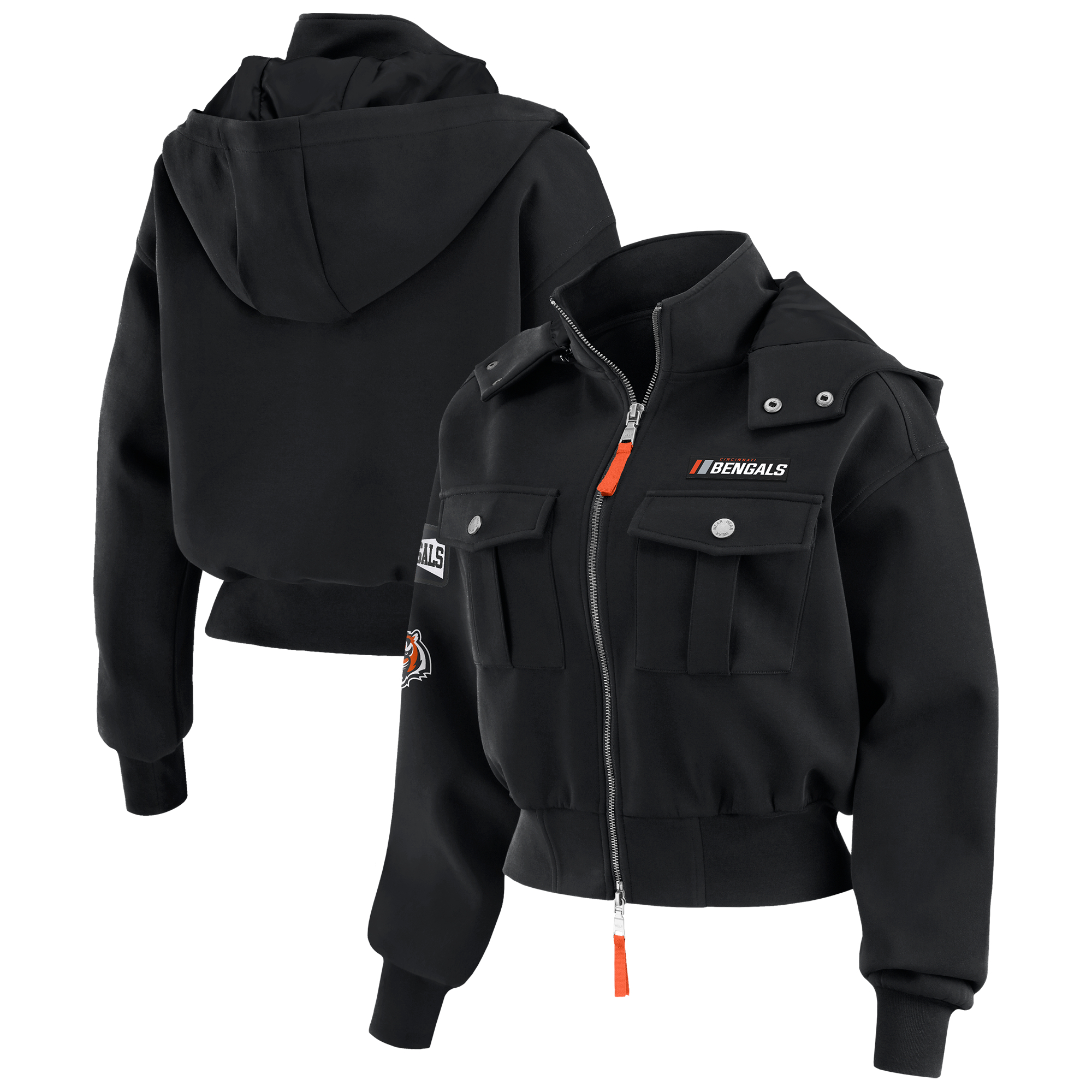 Women's WEAR by Erin Andrews Black Cincinnati Bengals Tri-Blend Patch Pocket Cropped Full-Zip Bomber Hoodie Jacket