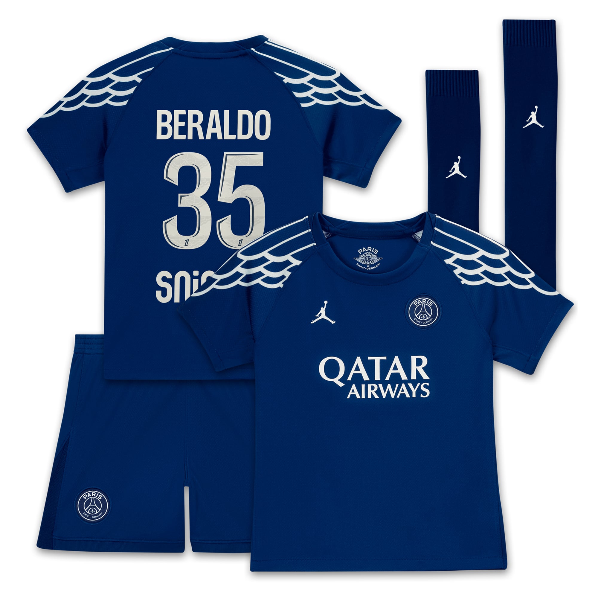 PSG Jordan Fourth Stadium Kit 2024-25 - Little Kids with Beraldo 35 printing