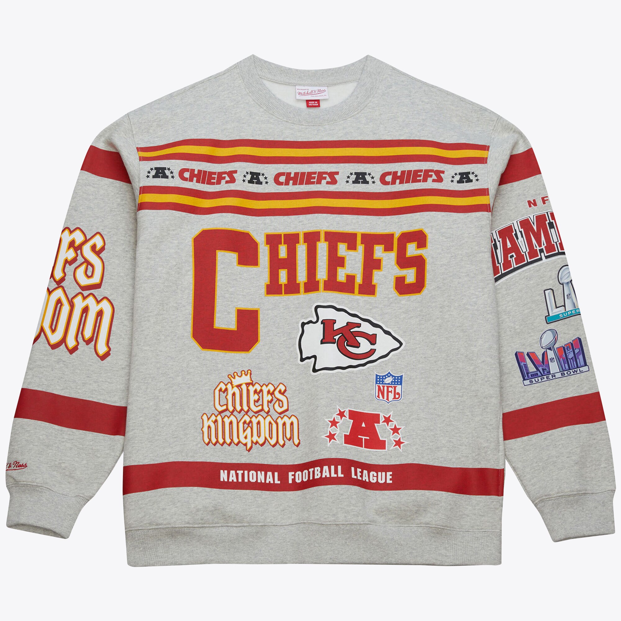 Kansas City Chiefs Mitchell & Ness AOP Fleece Crew - Grey Heather - Mens